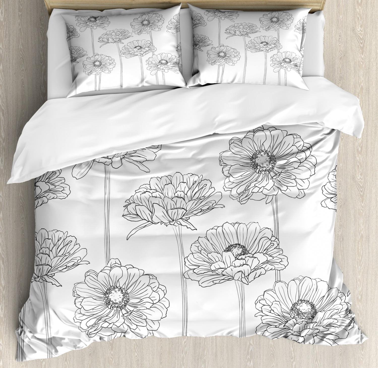 King Grey and White Floral Microfiber Duvet Cover Set