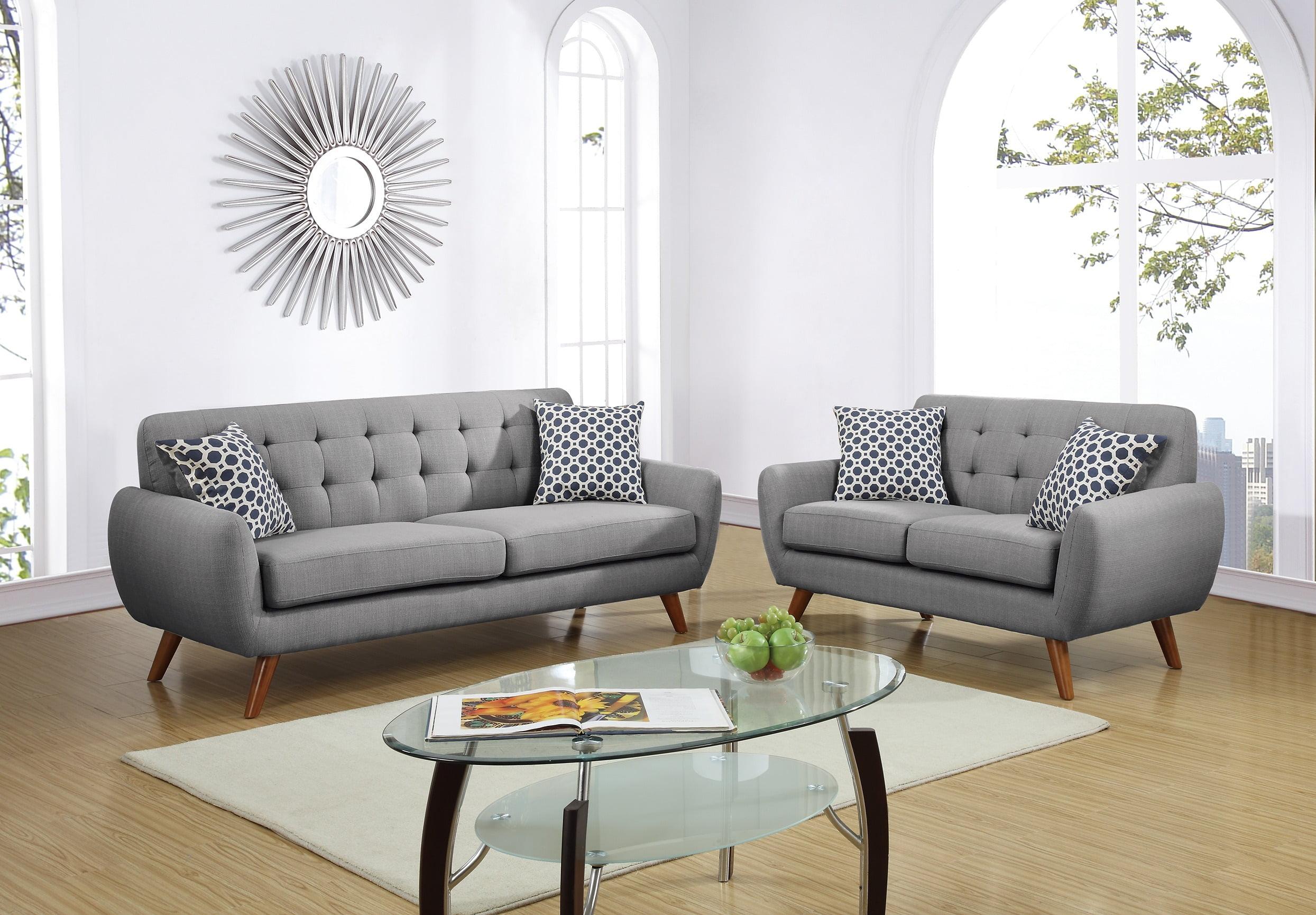 Poundex Furniture 2 Piece Fabric Sofa Loveseat Set in Gray Color