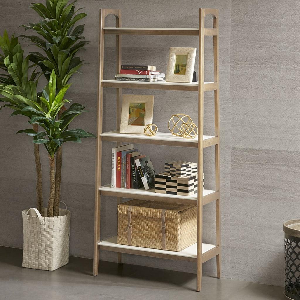 Parker Mid-Century Solid Wood and MDF Ladder Bookcase in Off-White/Natural