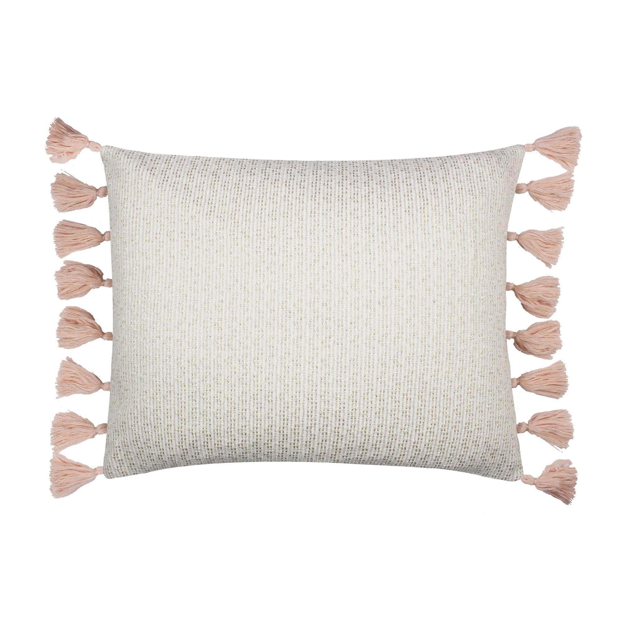 Fiori 16x20 Cream and Tan Textured Decorative Pillow with Coral Pink Tassels