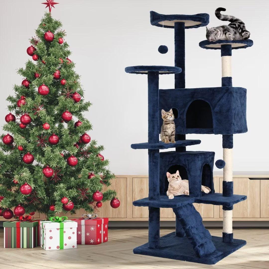 FDW 54in Cat Tree Tower Multi-Level Scratching Post & Play House for Indoor Cats/Kittens, Navy Blue