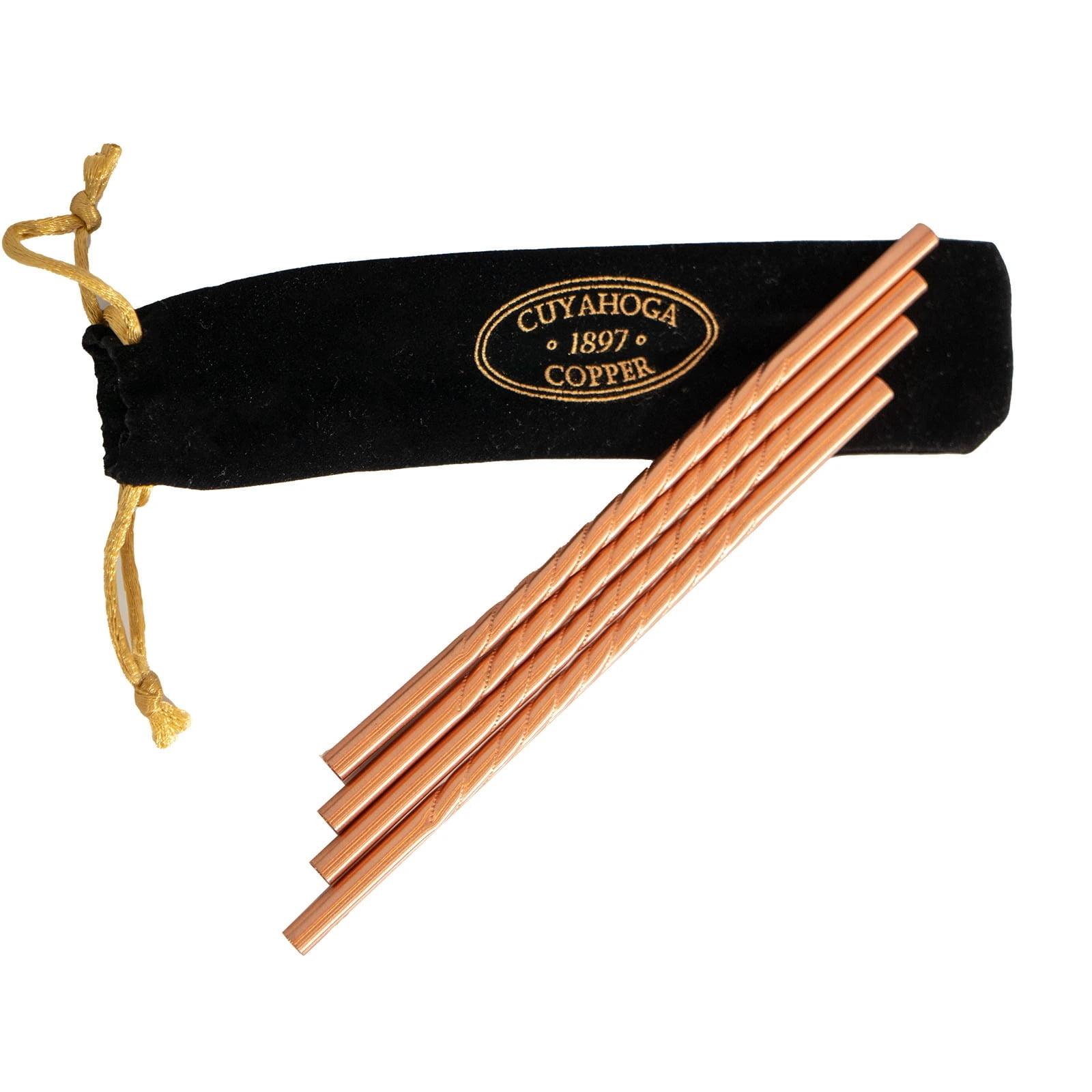 Set of 4 Twisted Pure Copper Drinking Straws with Velvet Bag