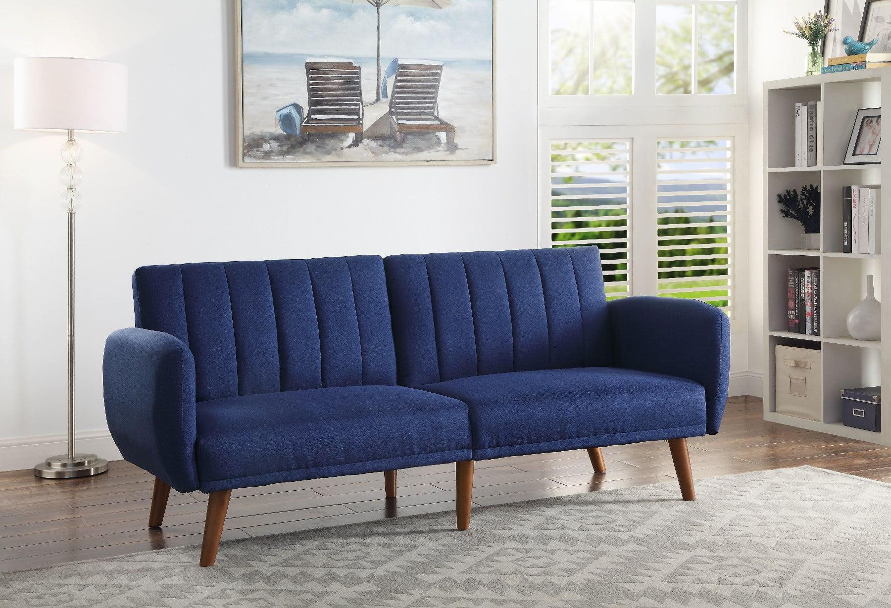 Blue Tufted Fabric Split Back Sleeper Sofa with Wood Legs