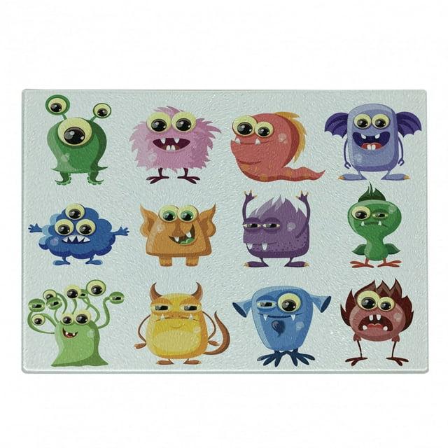 Ambesonne Funny Tempered Glass Cutting Board Cartoon Aliens Monsters Multicolor