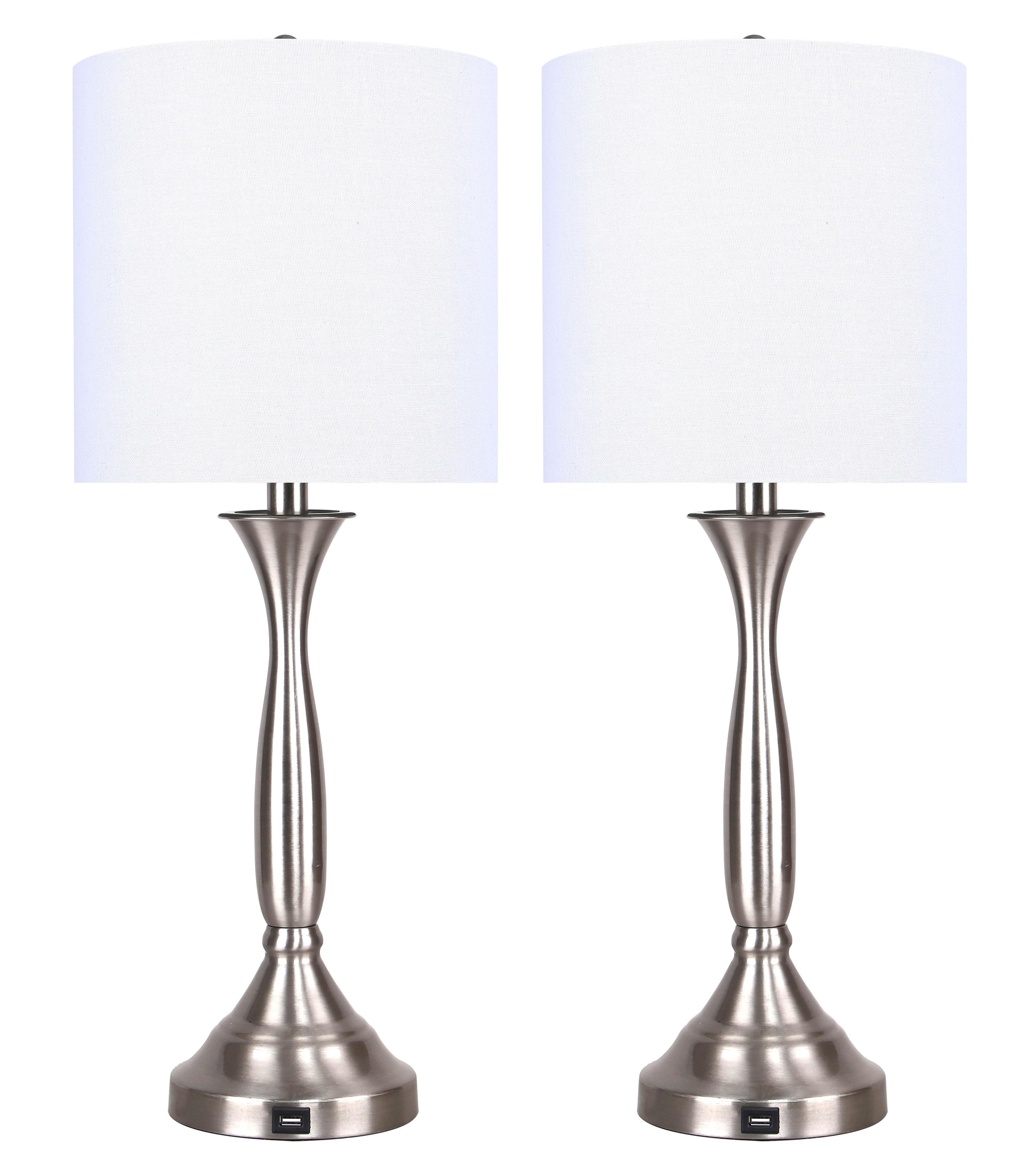 25.5" Brushed Nickel Table Lamp Set with White Linen Shade and USB