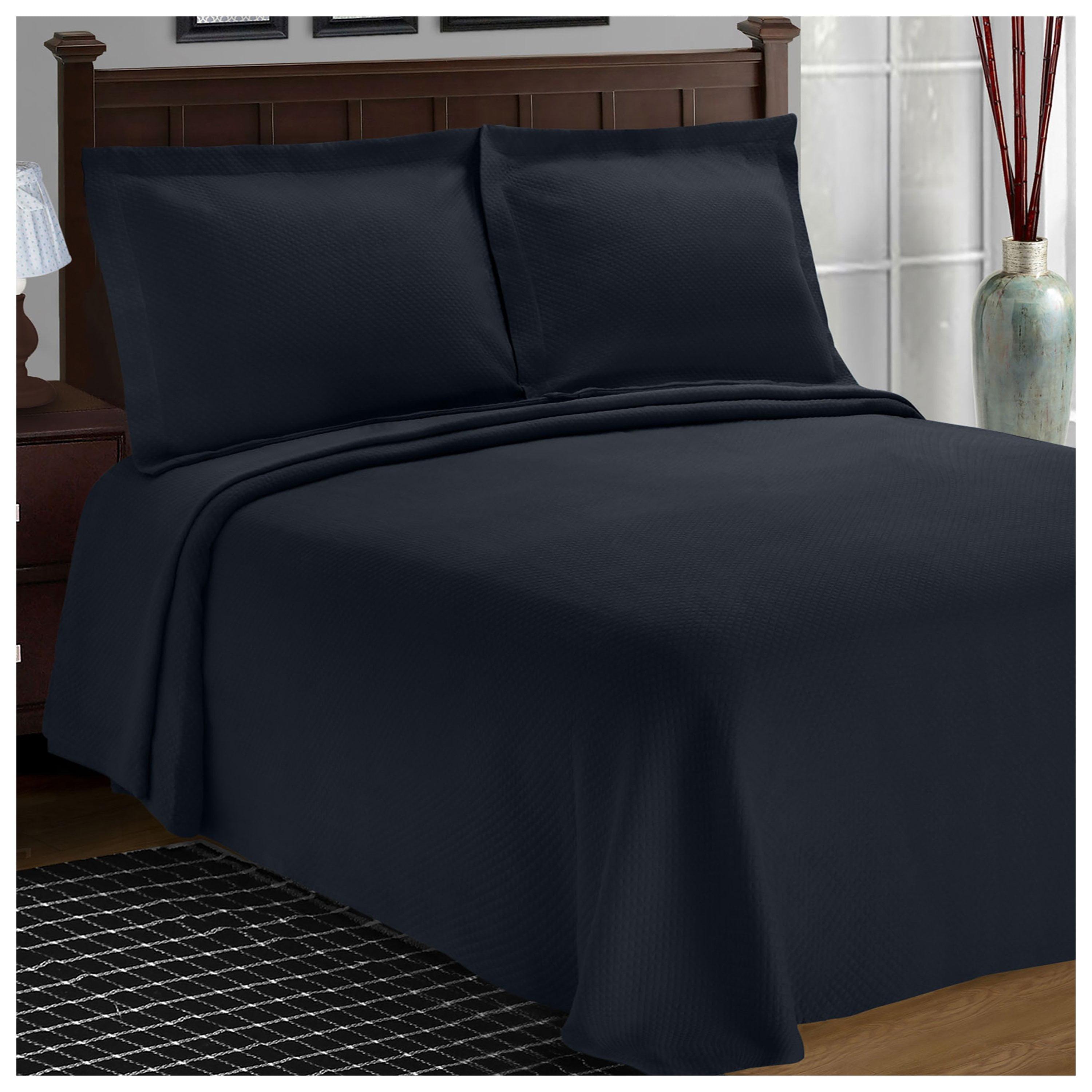 Reversible Black Cotton Full Bedspread Set with Textured Lattice Pattern