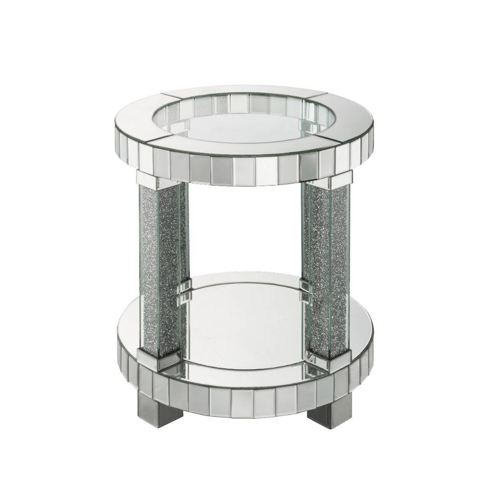 Round Mirrored Glass End Table with Faux Diamonds