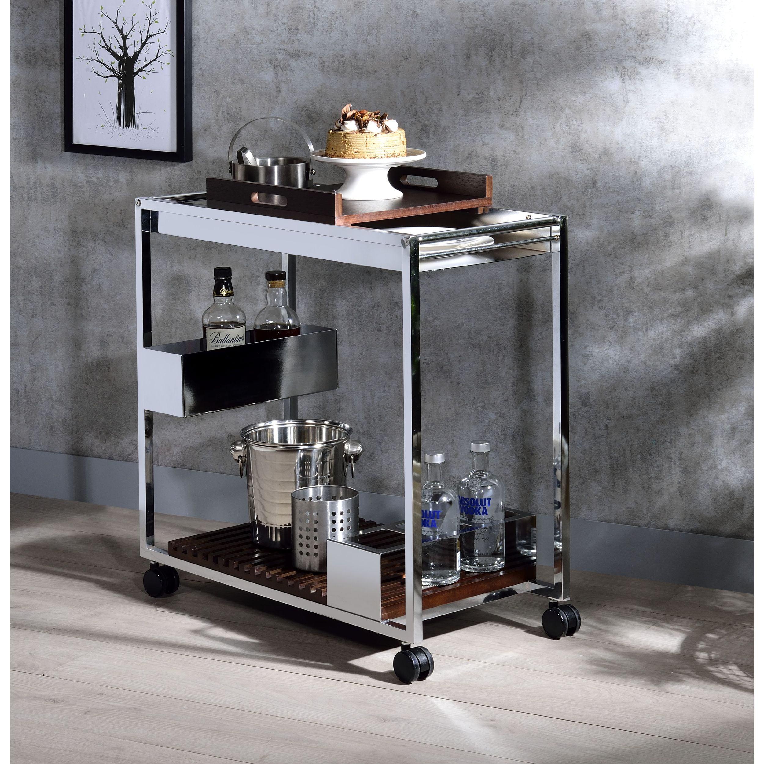 Chrome and Wood Rectangular Serving Cart with Storage and Wine Rack