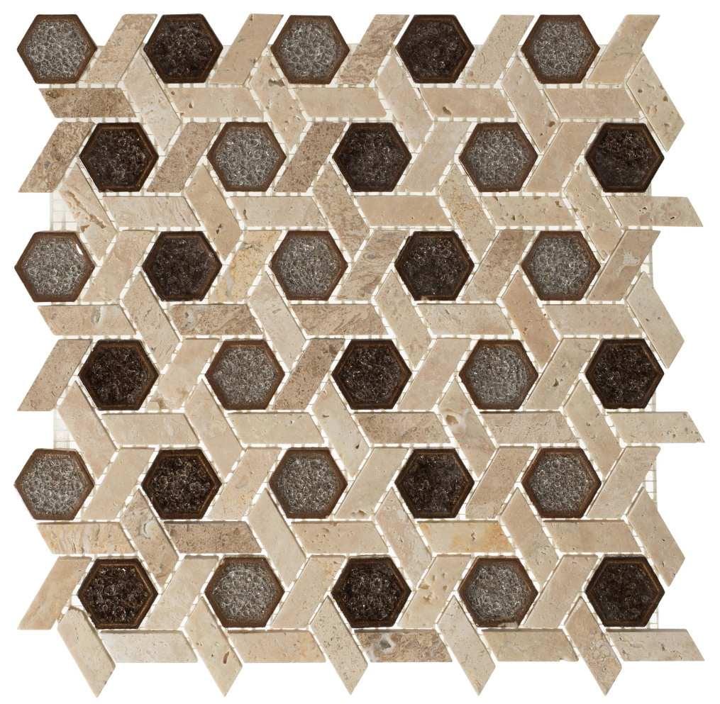 Bahai Hexagon Natural Stone and Crackled Glass Mosaic Tile