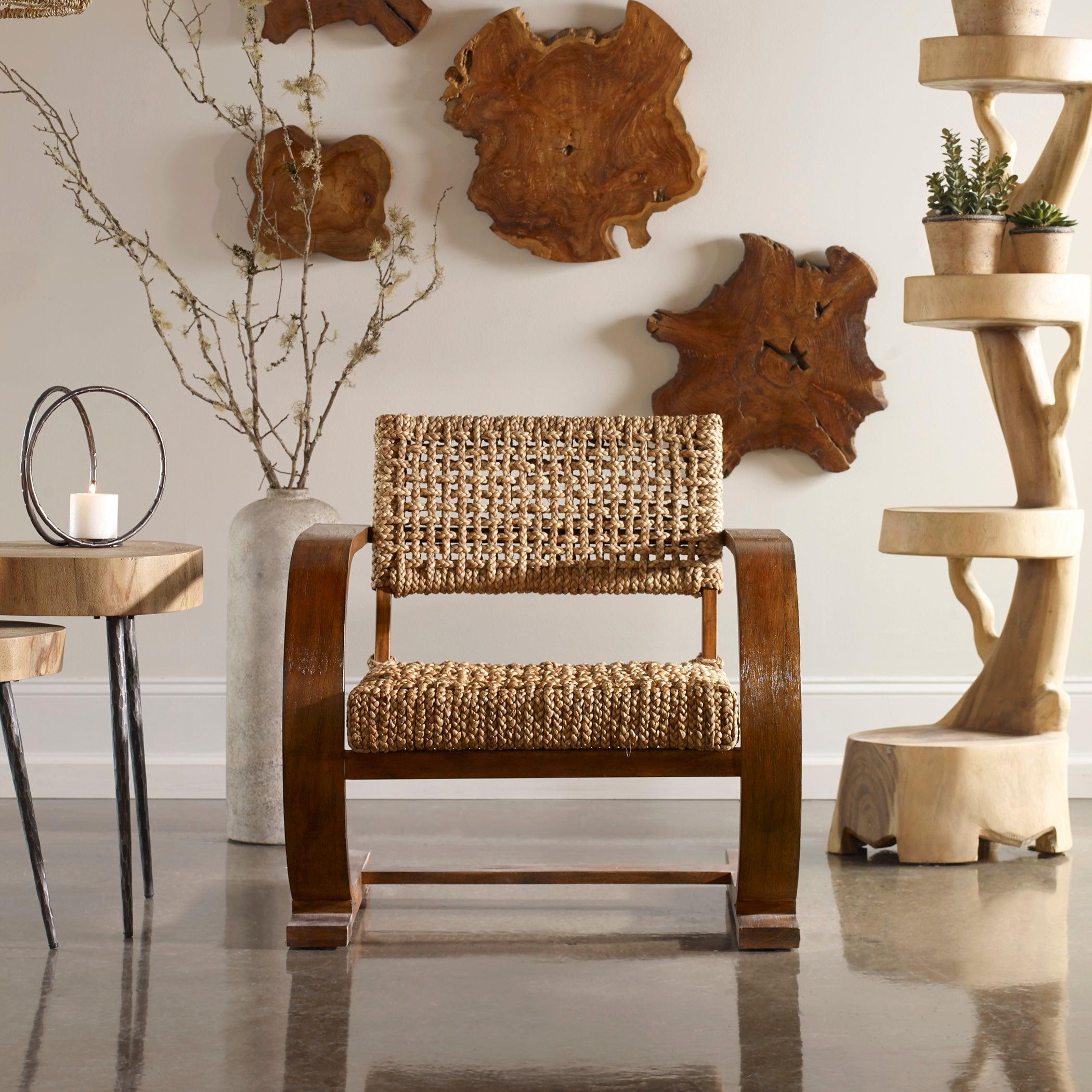 Rehema Natural Woven Banana Fiber and Solid Wood Accent Chair