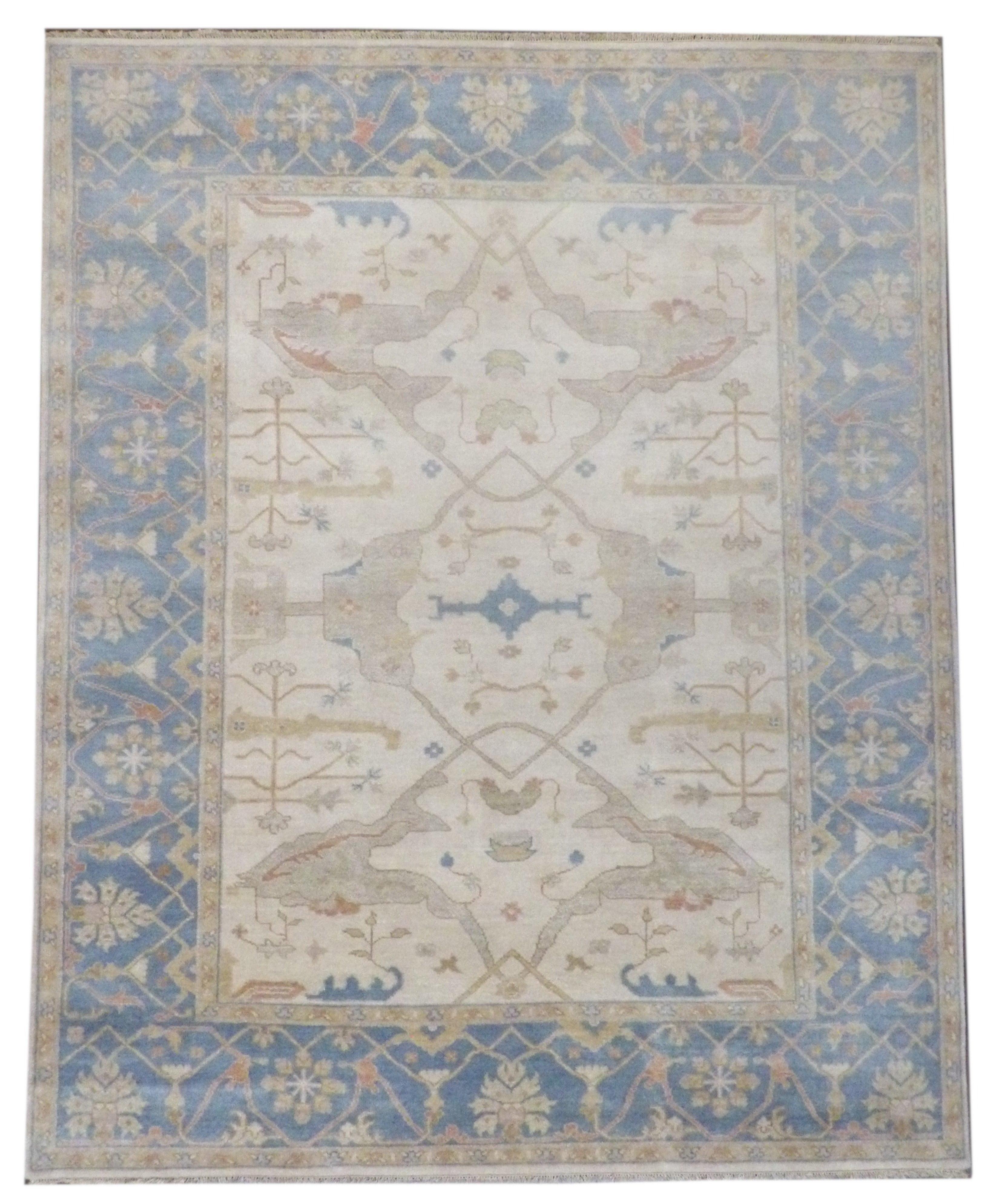 Hand-Knotted Blue and Beige Wool Oriental Rug 8' x 10'