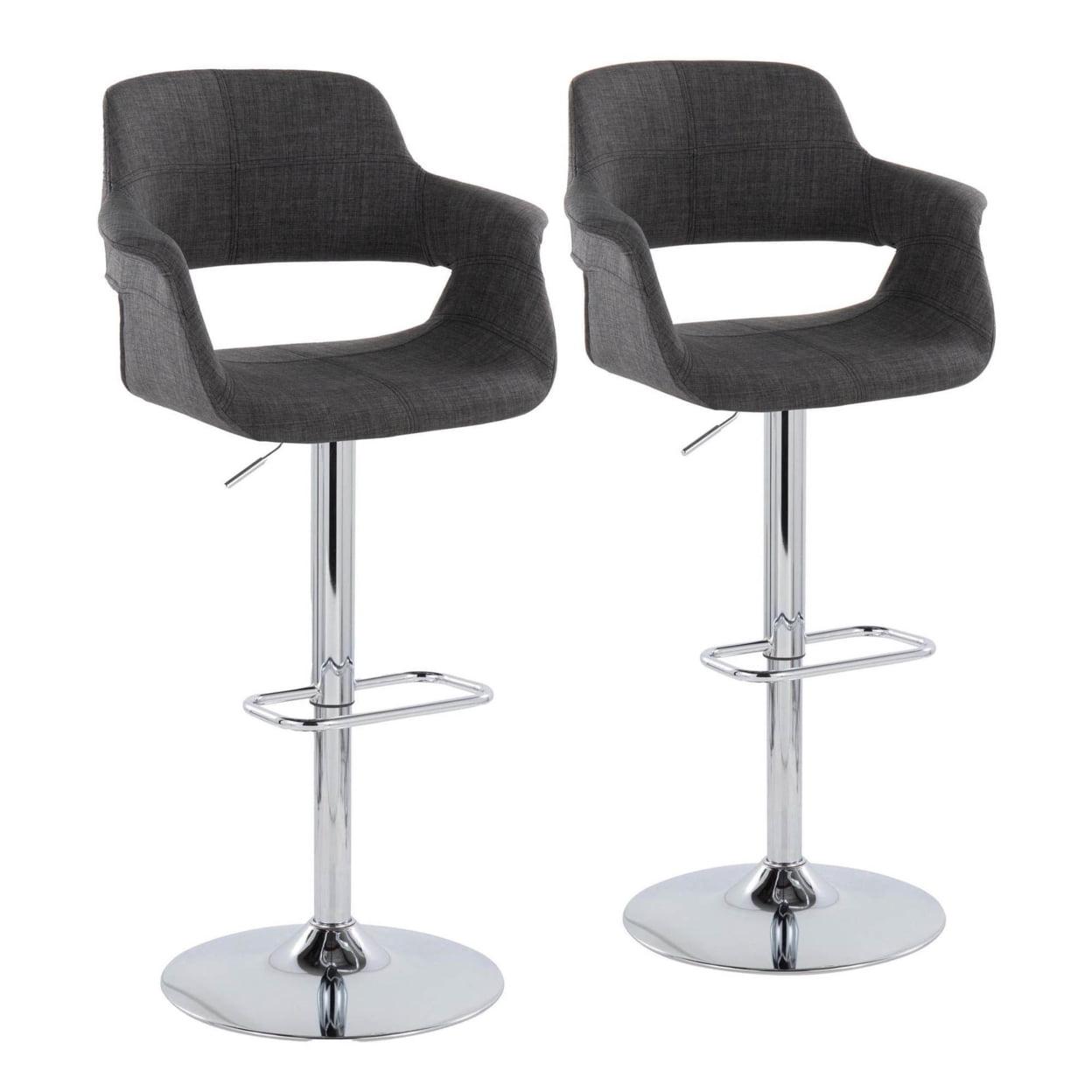 Adjustable Chrome Metal and Charcoal Fabric Swivel Barstool Set