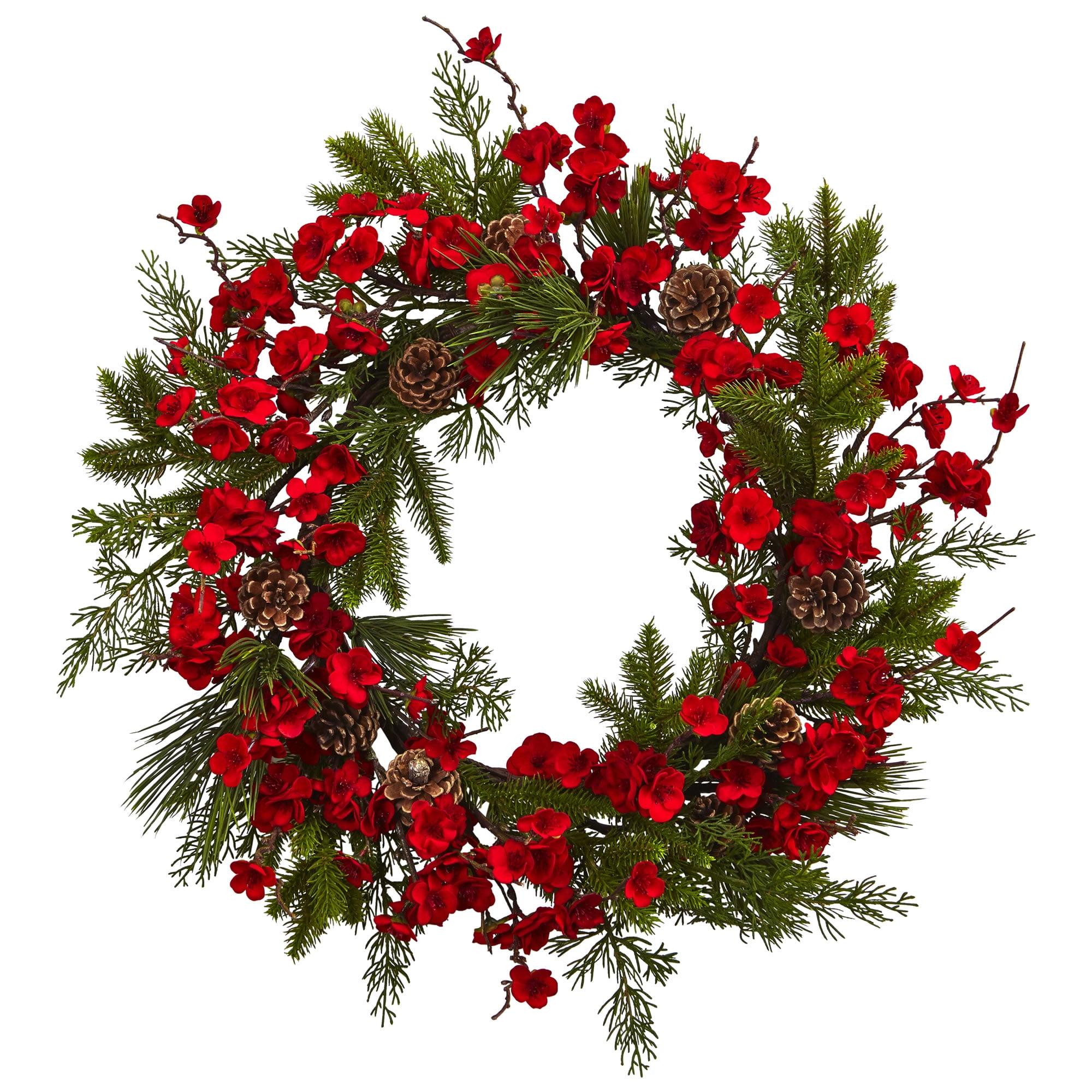 Nearly Natural Plum Blossom Pine Wreath (24"): Faux Floral Wall Decor for Indoor, Unlit Winter Display