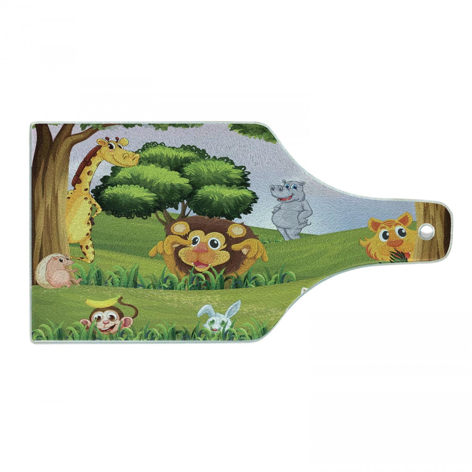 Ambesonne Zoo Tempered Glass Cutting Board Animals in Forest Savannah Art Multicolor