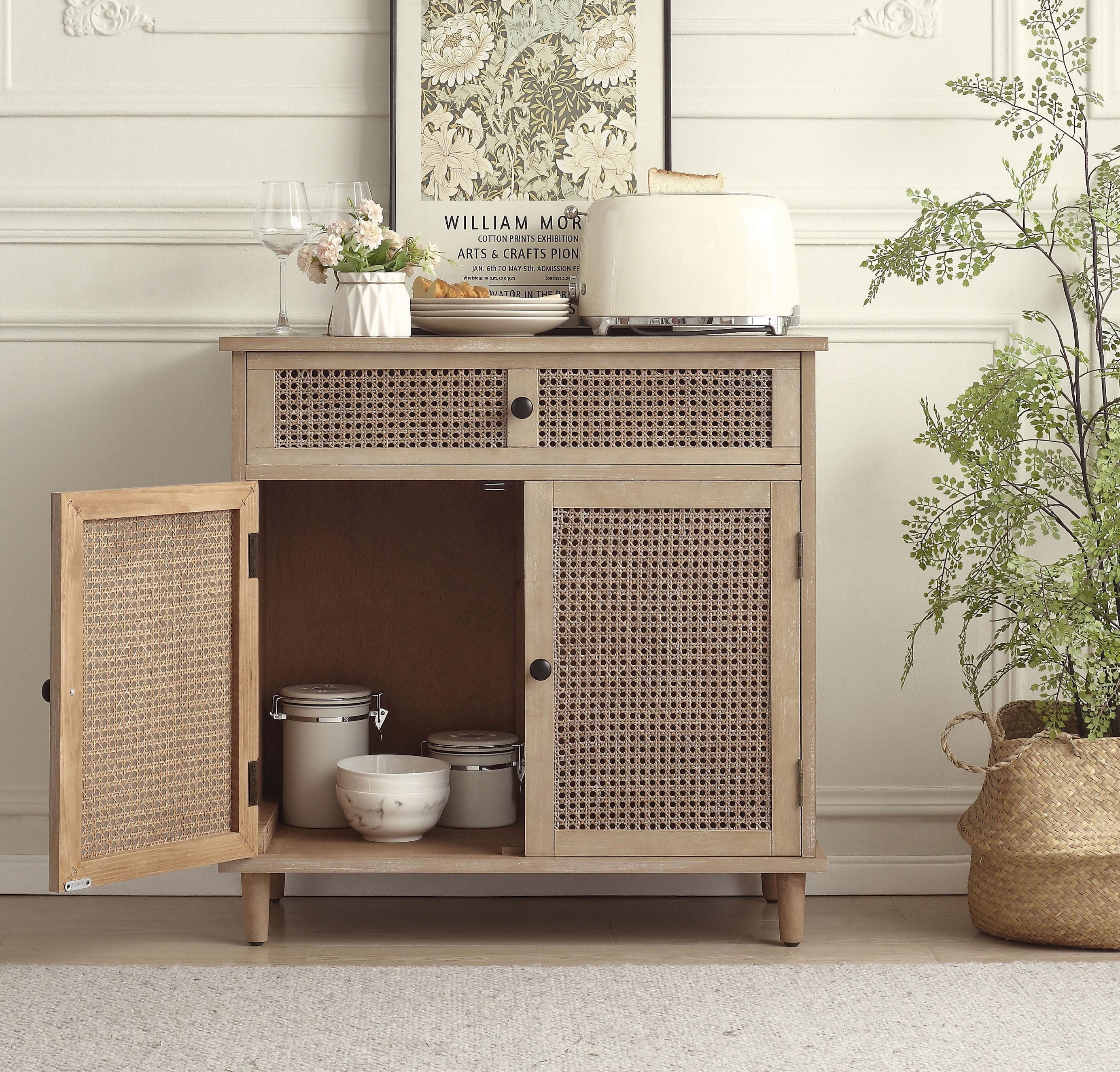Art Leon Rustic Storage Cabinet with 2-Door&1Drawers Rattan Decoration Wood Finish,Oak Kitchen Console Table,Gray
