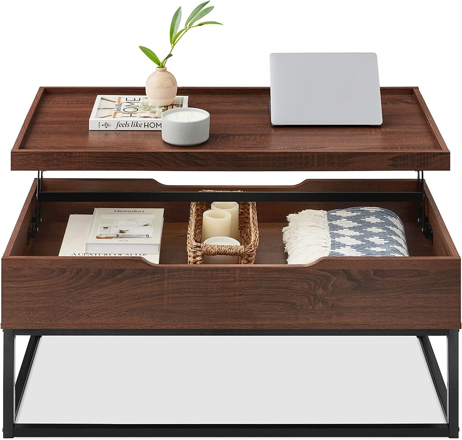 Modern Brown Lift-Top Coffee Table with Hidden Storage and Wood-Grain Finish