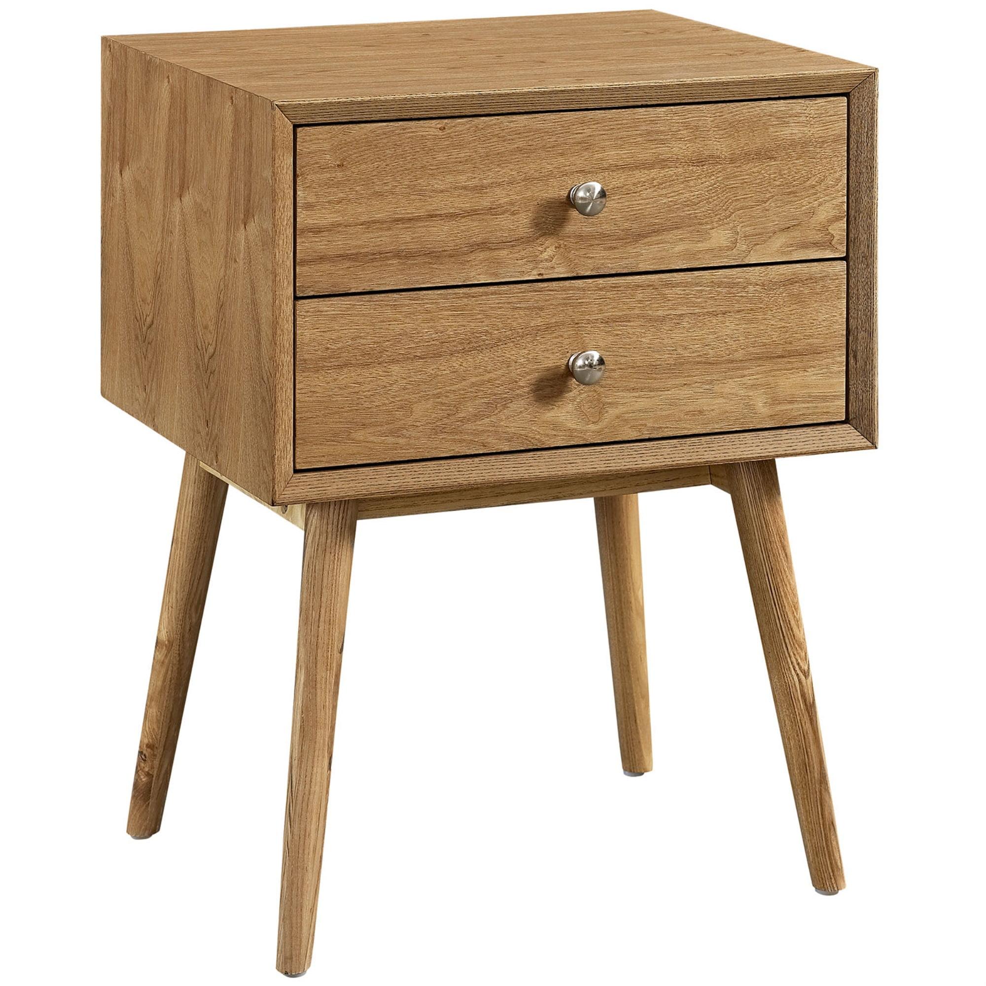 Mid-Century Modern Natural 2-Drawer Nightstand with Polished Metal Knobs