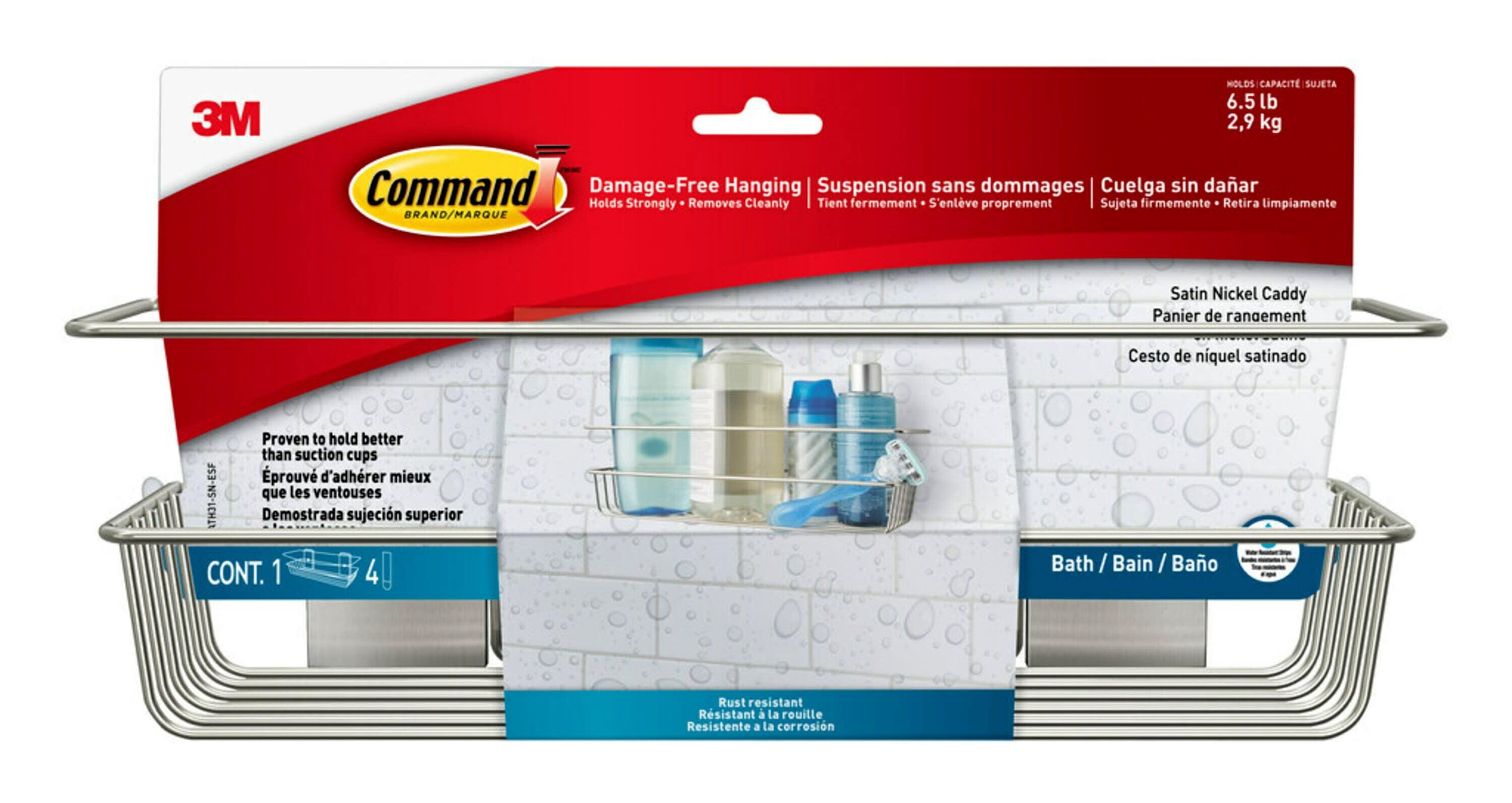 Command Metal Shower Caddy Satin Nickel: Adhesive Mount, Bathroom Organizer, Rust-Resistant, 6.375"H x 12.5"W