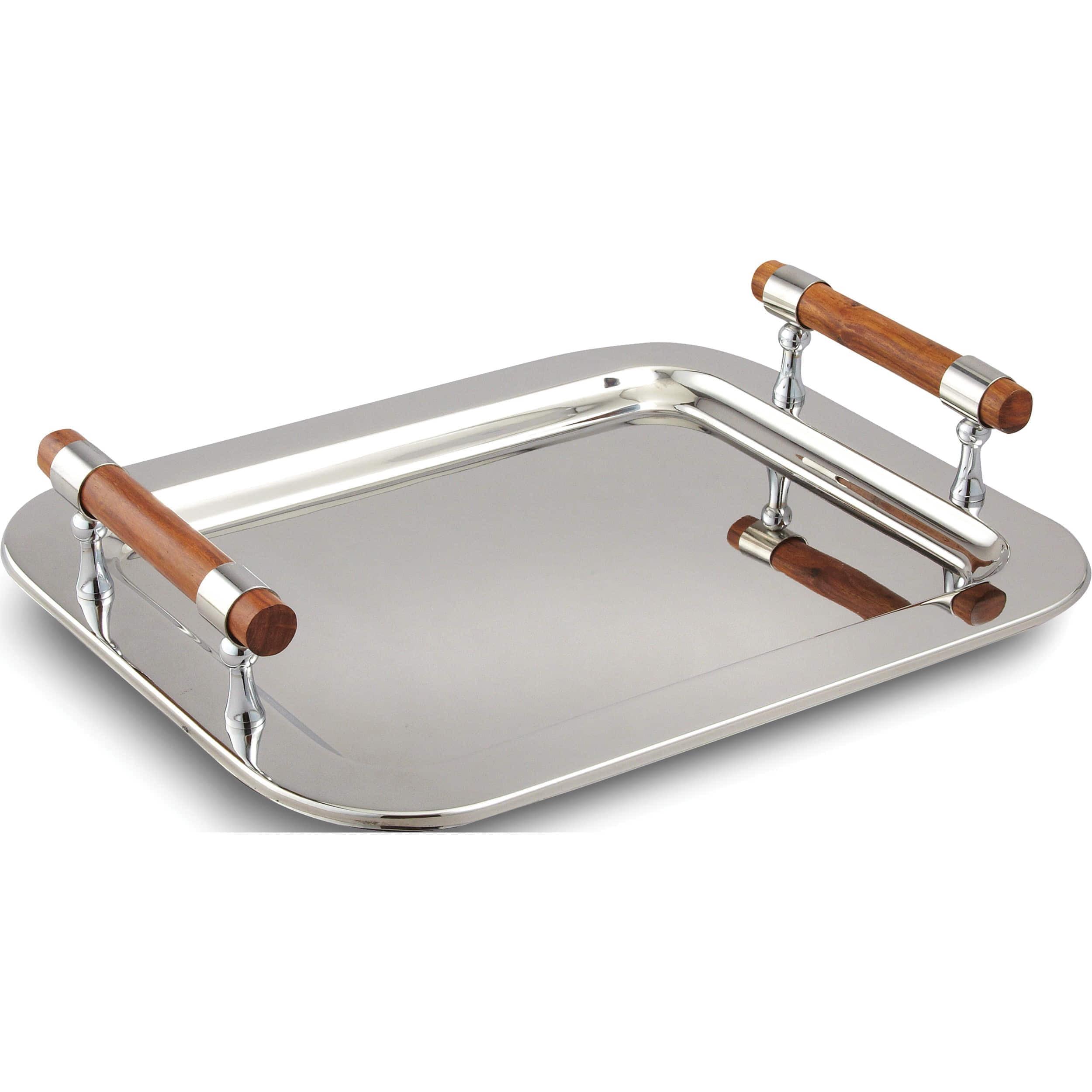 Elegant Modern Stainless Steel Serving Tray with Wooden Handles, 16.5" x 13"