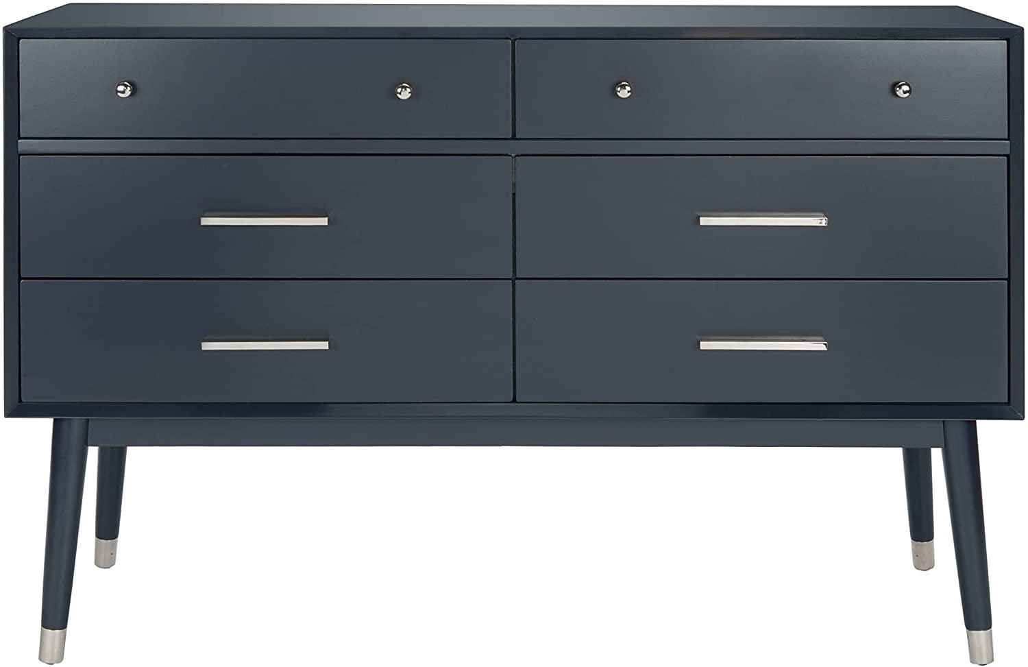 Navy and Silver Mid-Century Modern Double Dresser with Felt Lined Drawers