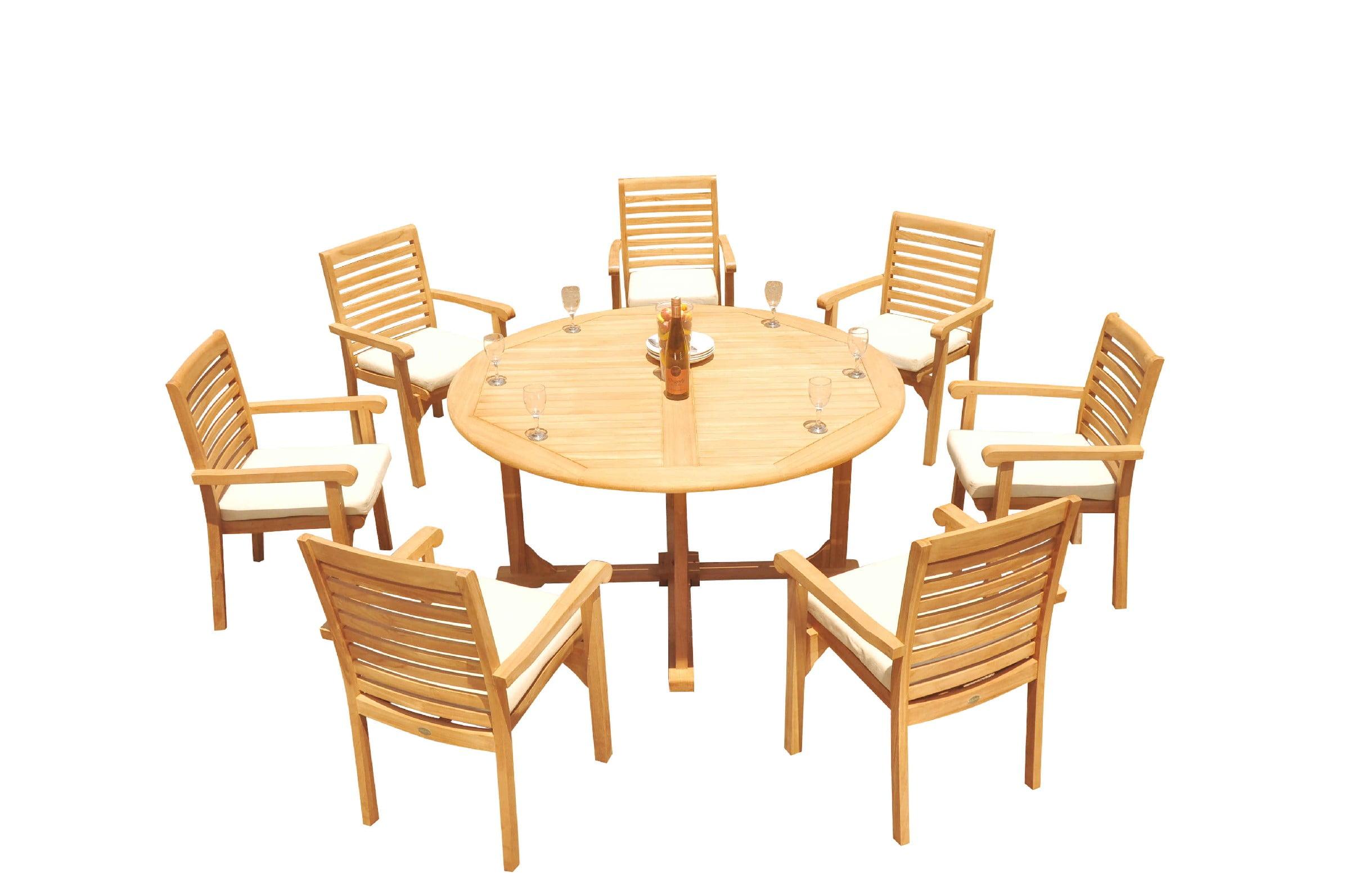 Grade-A Teak Dining Set: 7 Seater 8 Pc: 60" Round Table And 7 Hari Stacking Arm Chairs Outdoor Patio WholesaleTeak #51HR1208