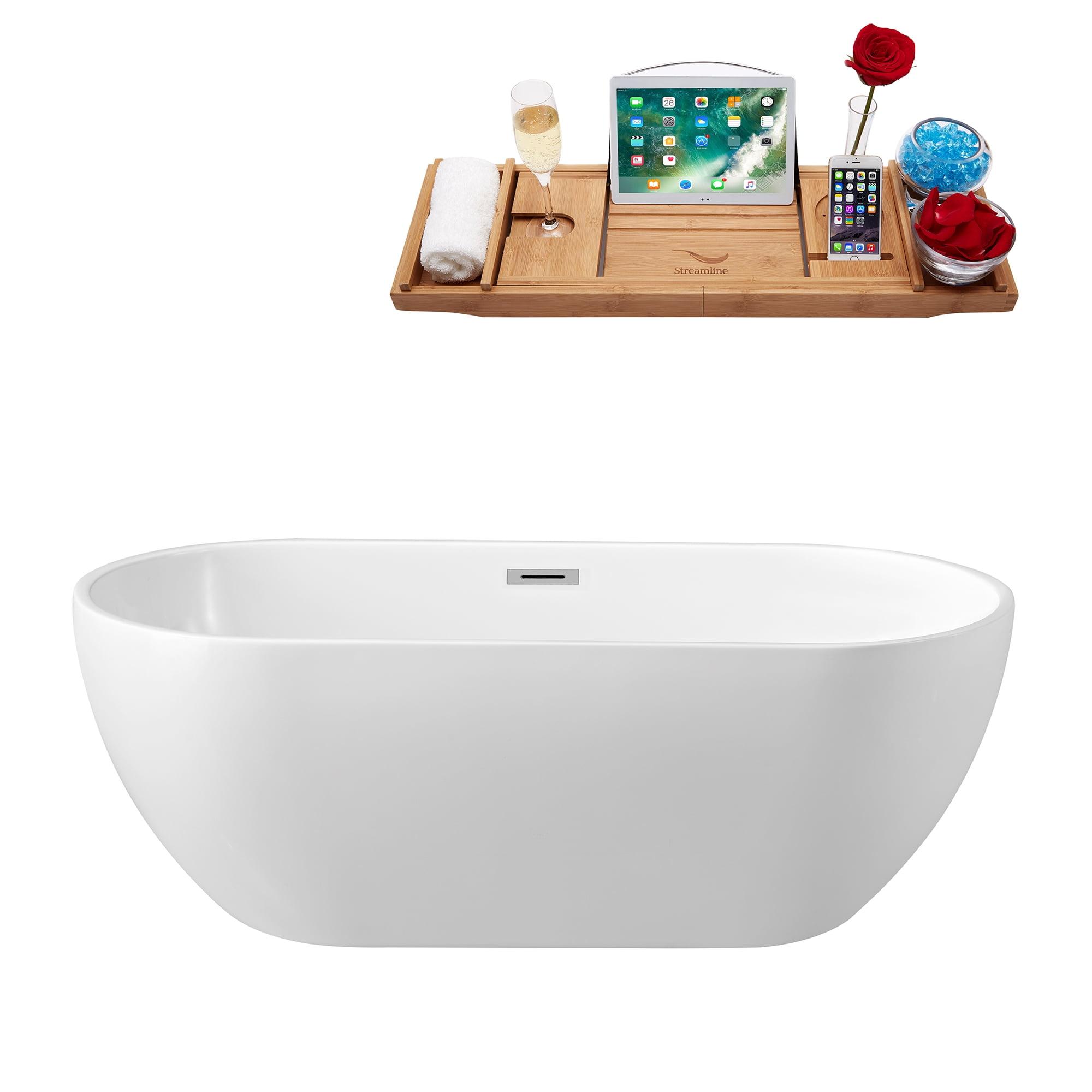 59" Glossy White Acrylic Freestanding Soaking Bathtub with Tray