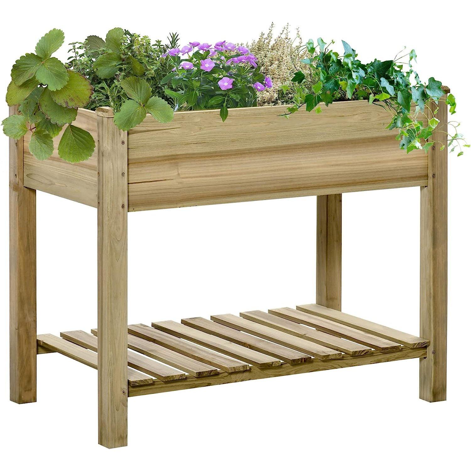 Outsunny Elevated Fir Wood Planter Box with Storage Shelf