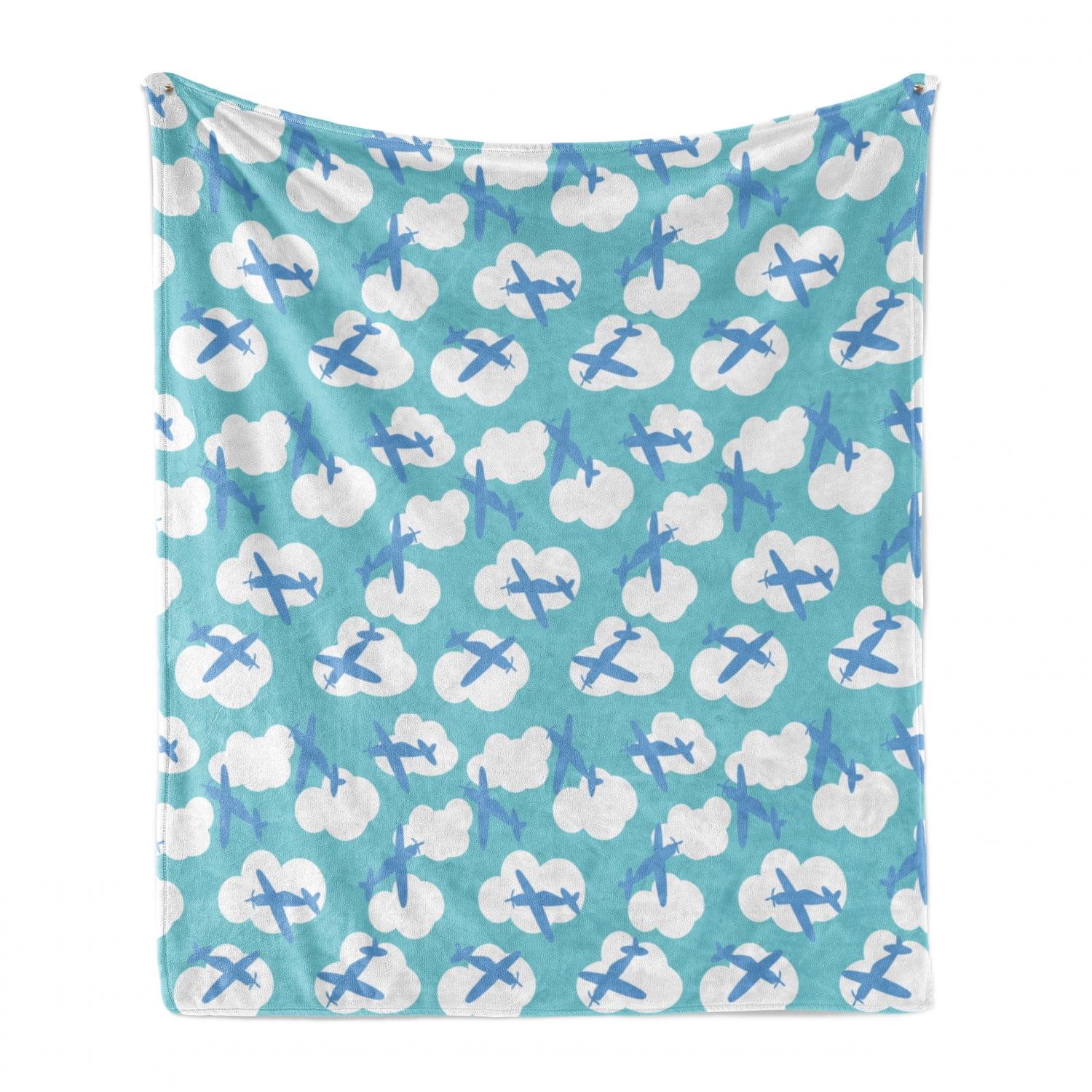 Ambesonne Airplane Fleece Throw Blanket Boy Playroom  Turquoise White Blue 67523