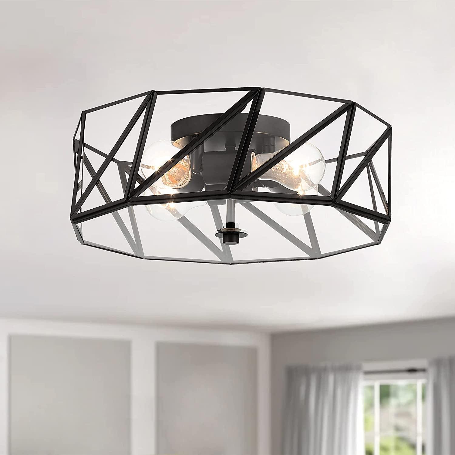 Black Glass Drum 4-Light Geometric Flush Mount