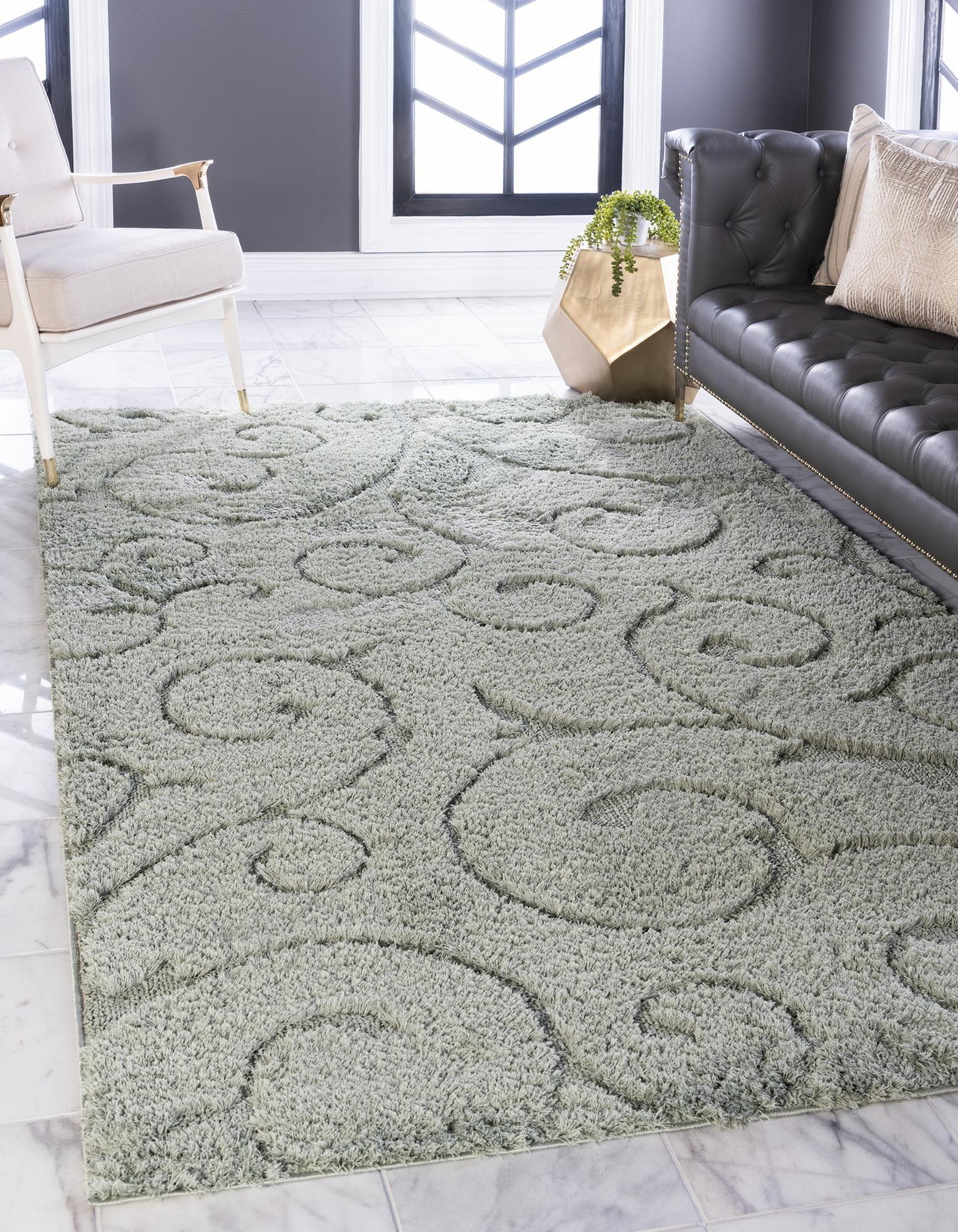 Green Floral Shag Synthetic 8' x 10' Area Rug