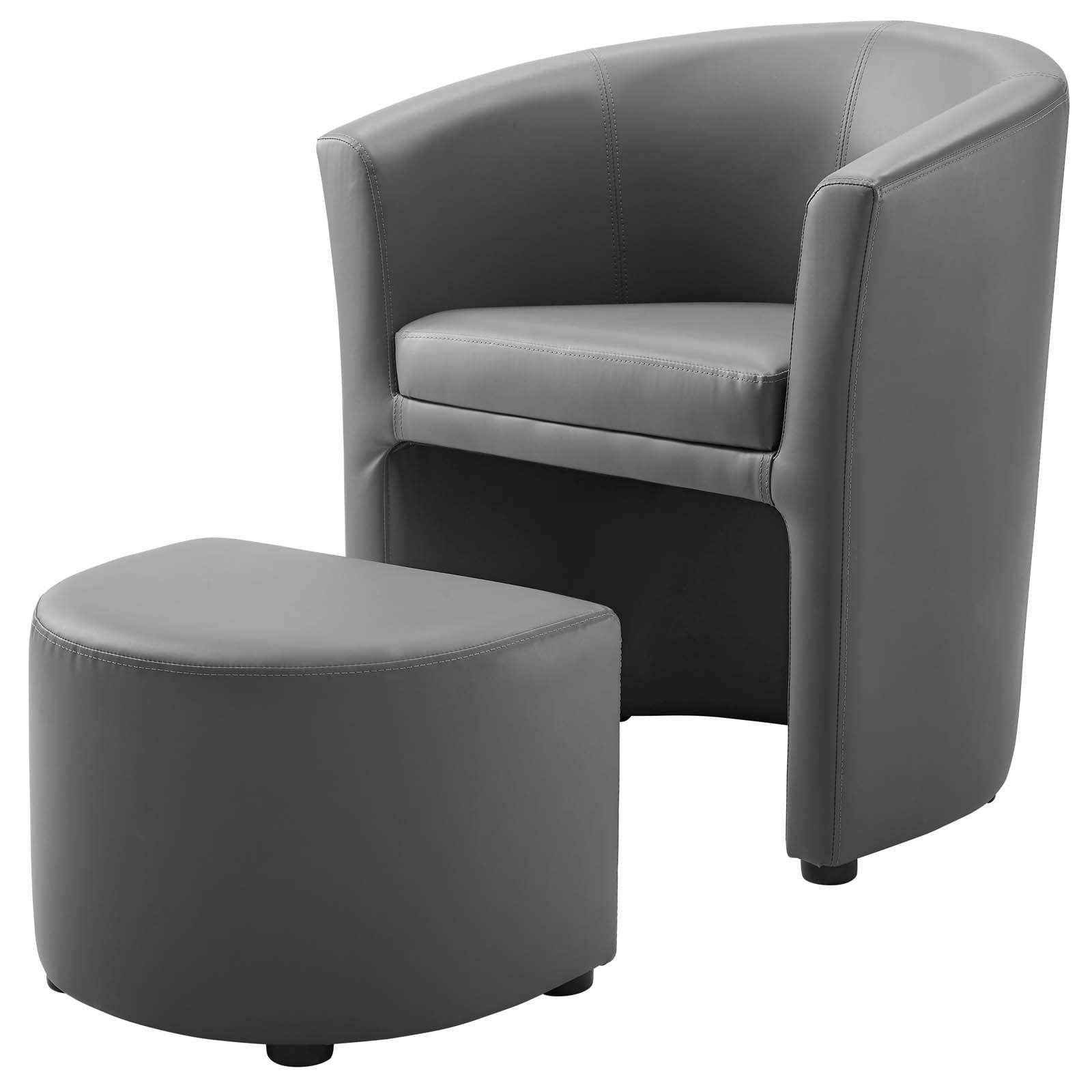 Streamlined Gray Faux Leather Barrel Armchair with Ottoman