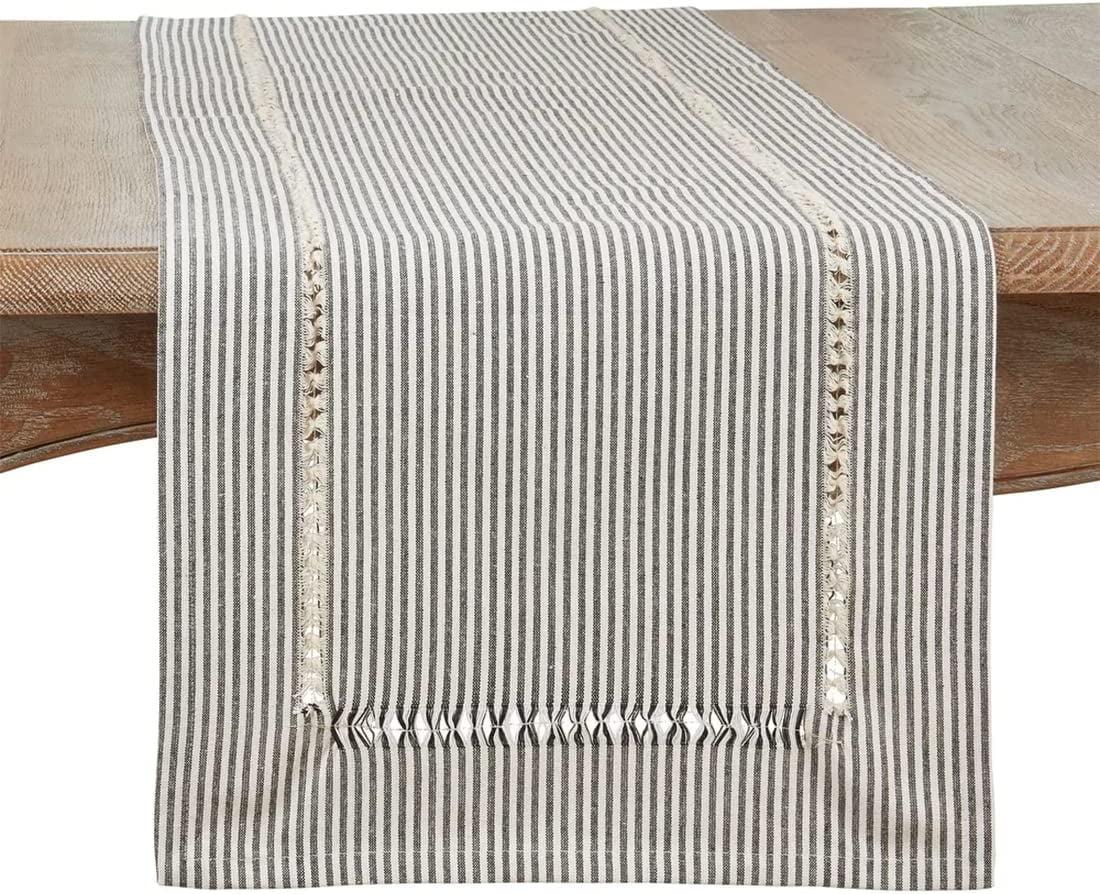 Black and White Cotton Stripe Hemstitch Table Runner