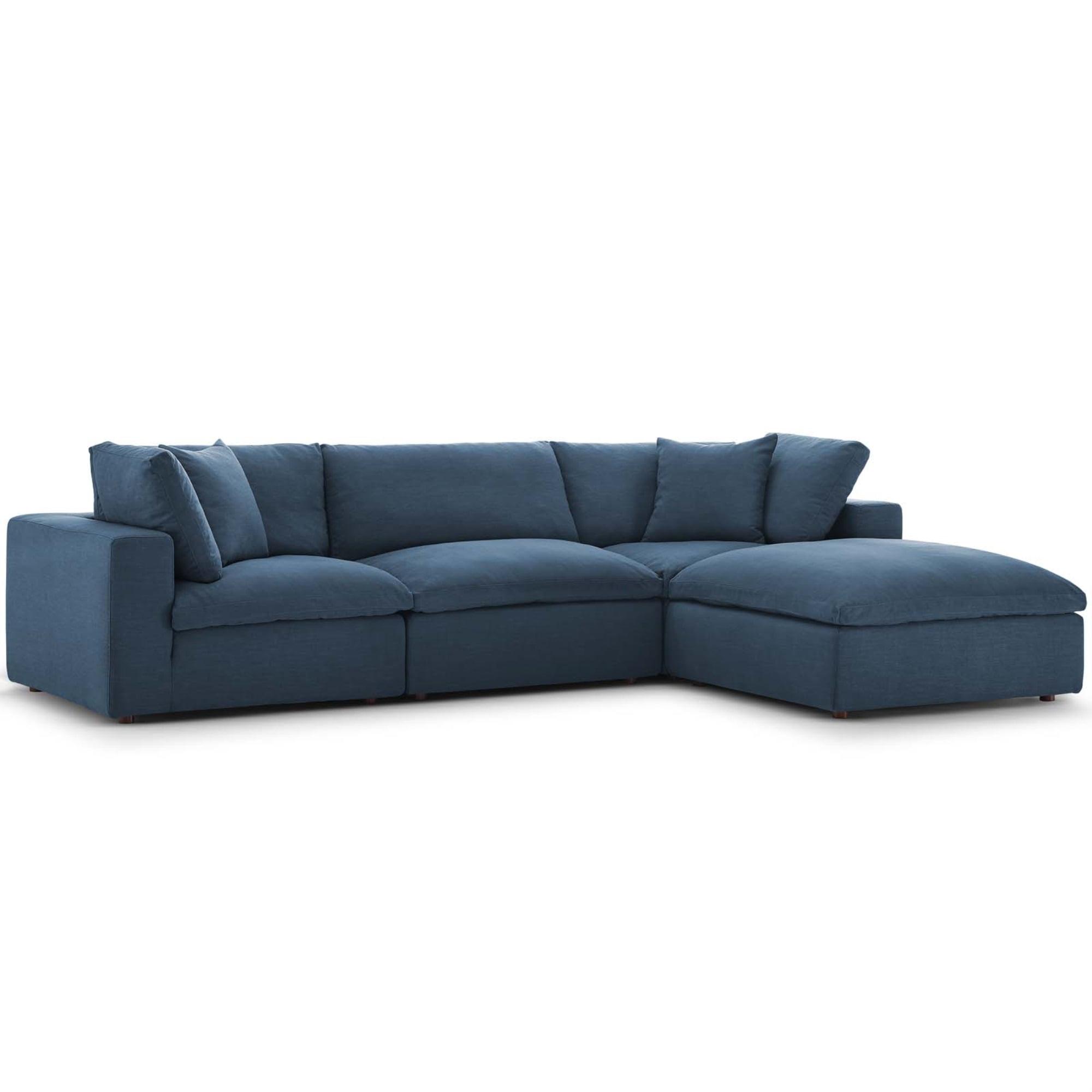 Azure Linen and Wood 4-Piece Sectional Sofa Set with Ottoman