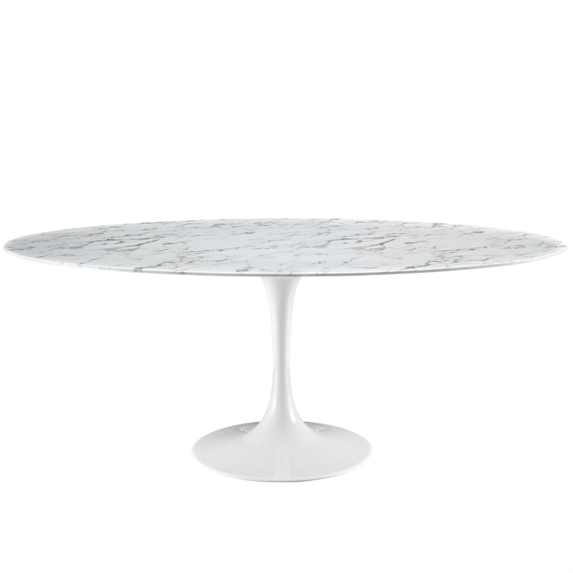 Mid-Century Modern 78" Oval Marble-Top Dining Table with White Base