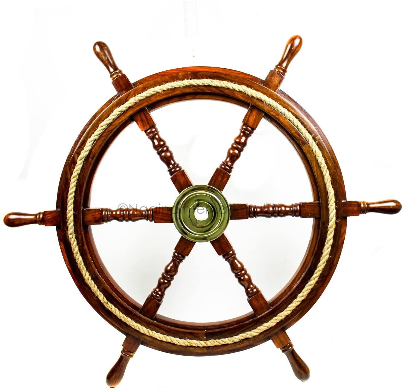 24" Dark Rosewood and Brass Nautical Ship Wheel Decor