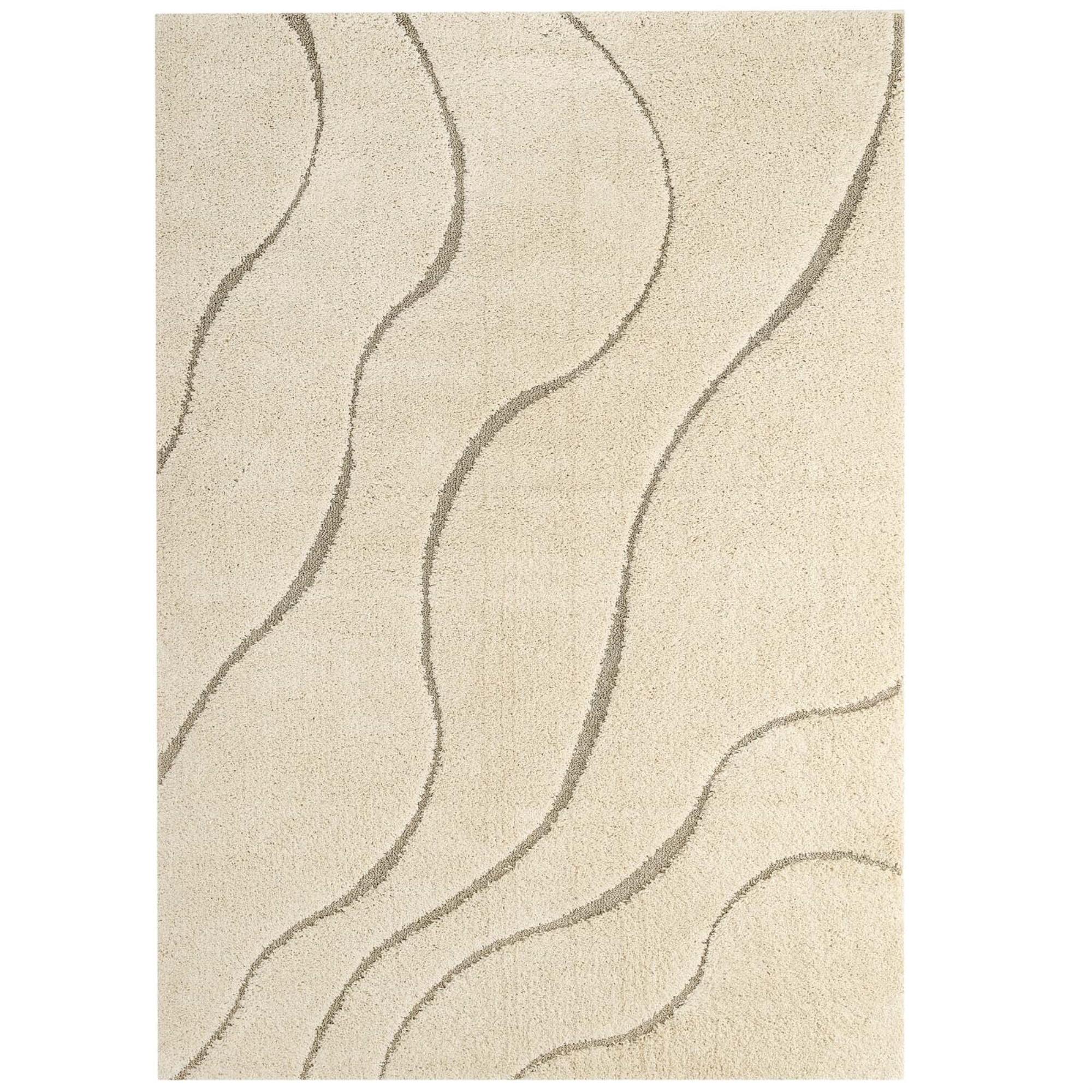 Elegant Creame and Beige 5'x8' Abstract Swirl Shag Rug