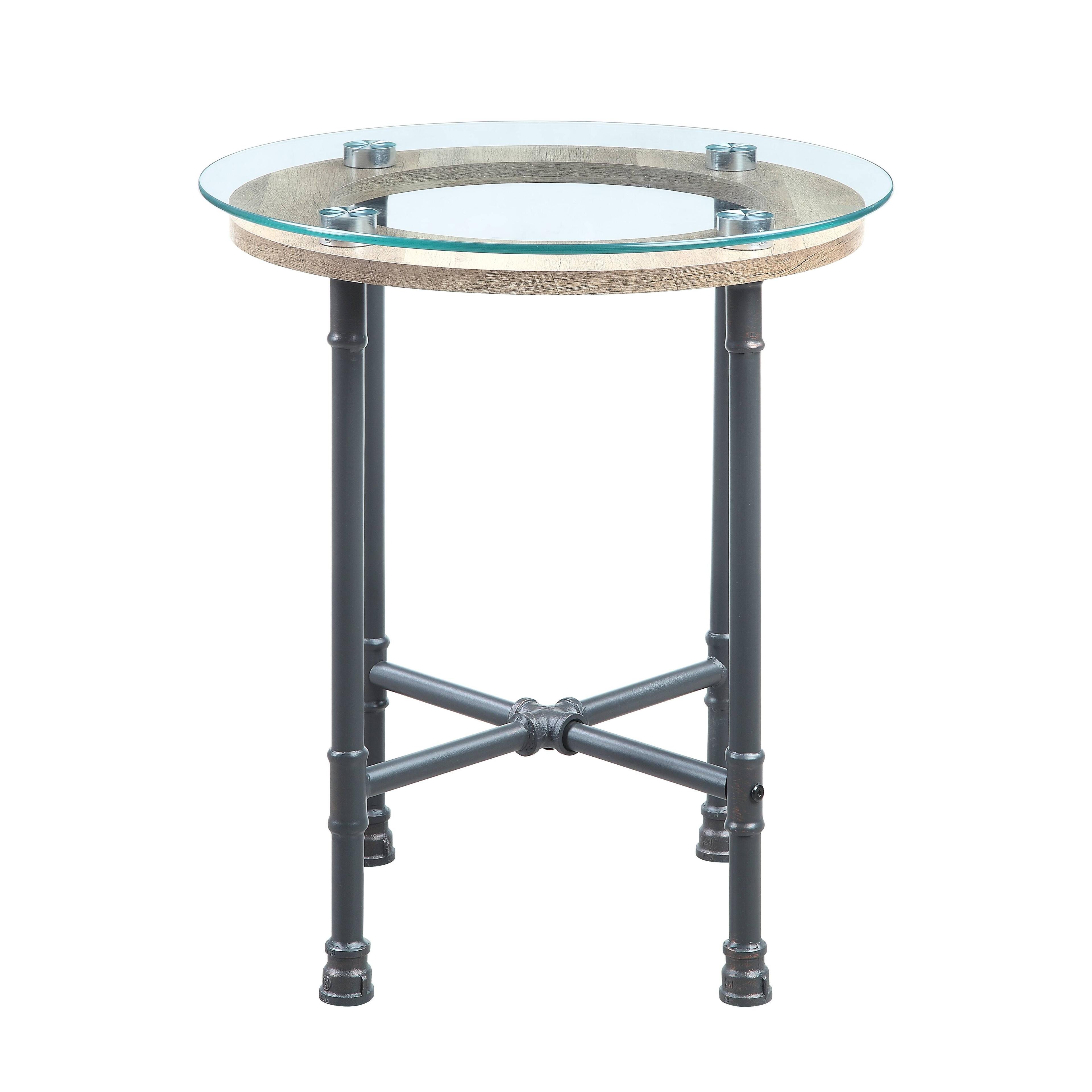 Brantley 22" Industrial Round End Table with Glass Top and Wooden Shelf