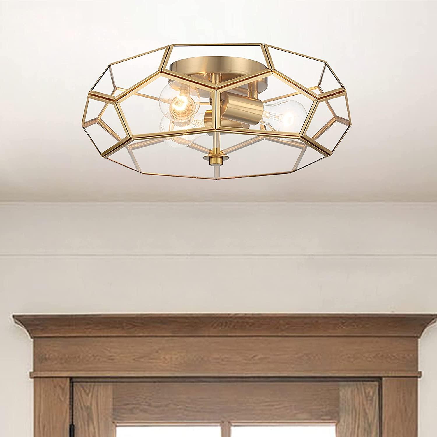 Gold and Glass Geometric 3-Light Flush Mount