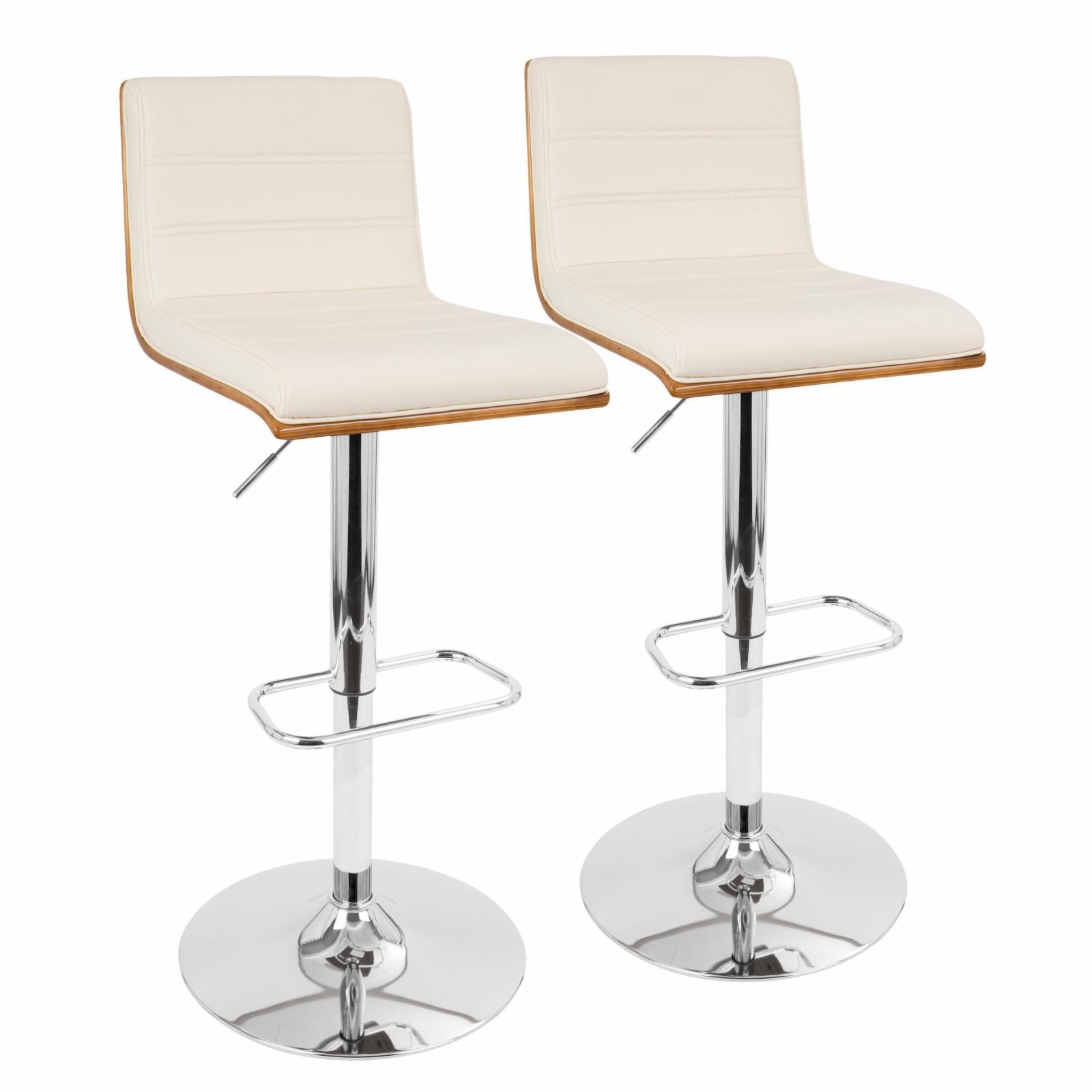 Set of 2 Adjustable Cream Faux Leather and Walnut Barstools