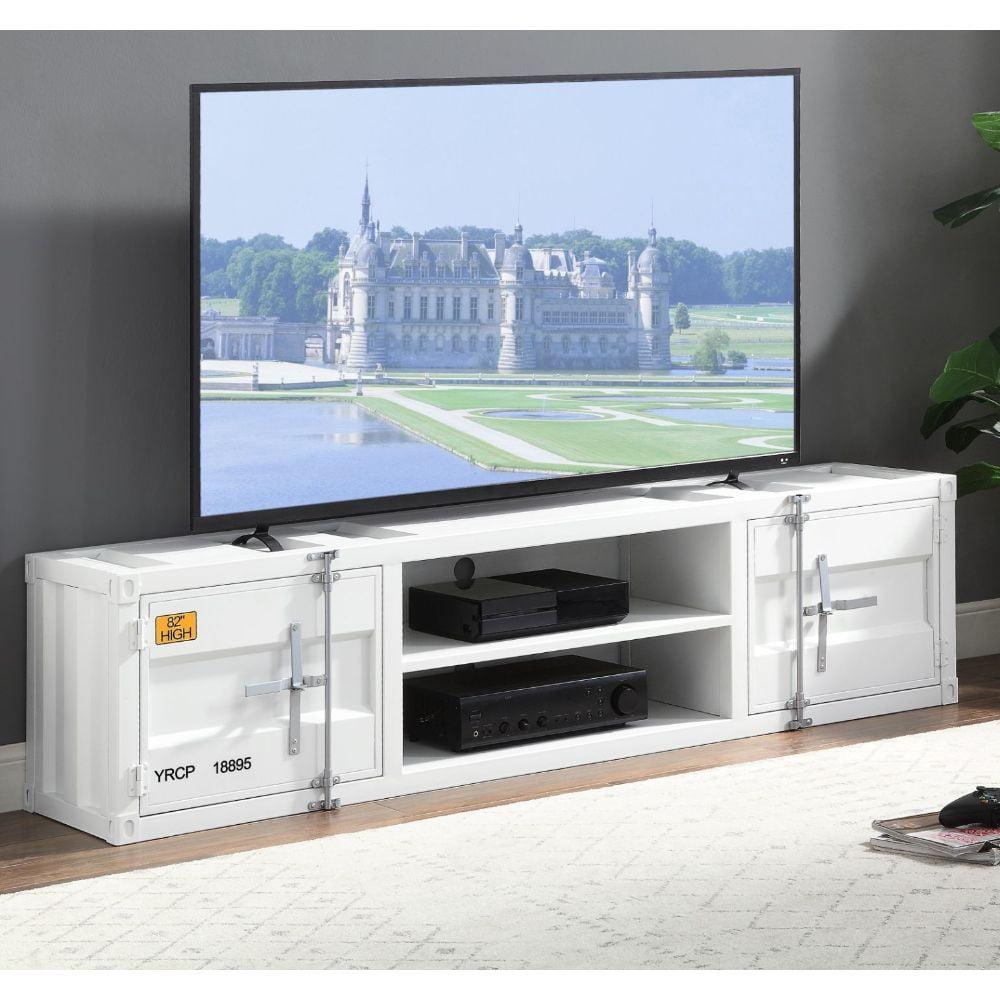 White Industrial Metal TV Stand with Cabinet