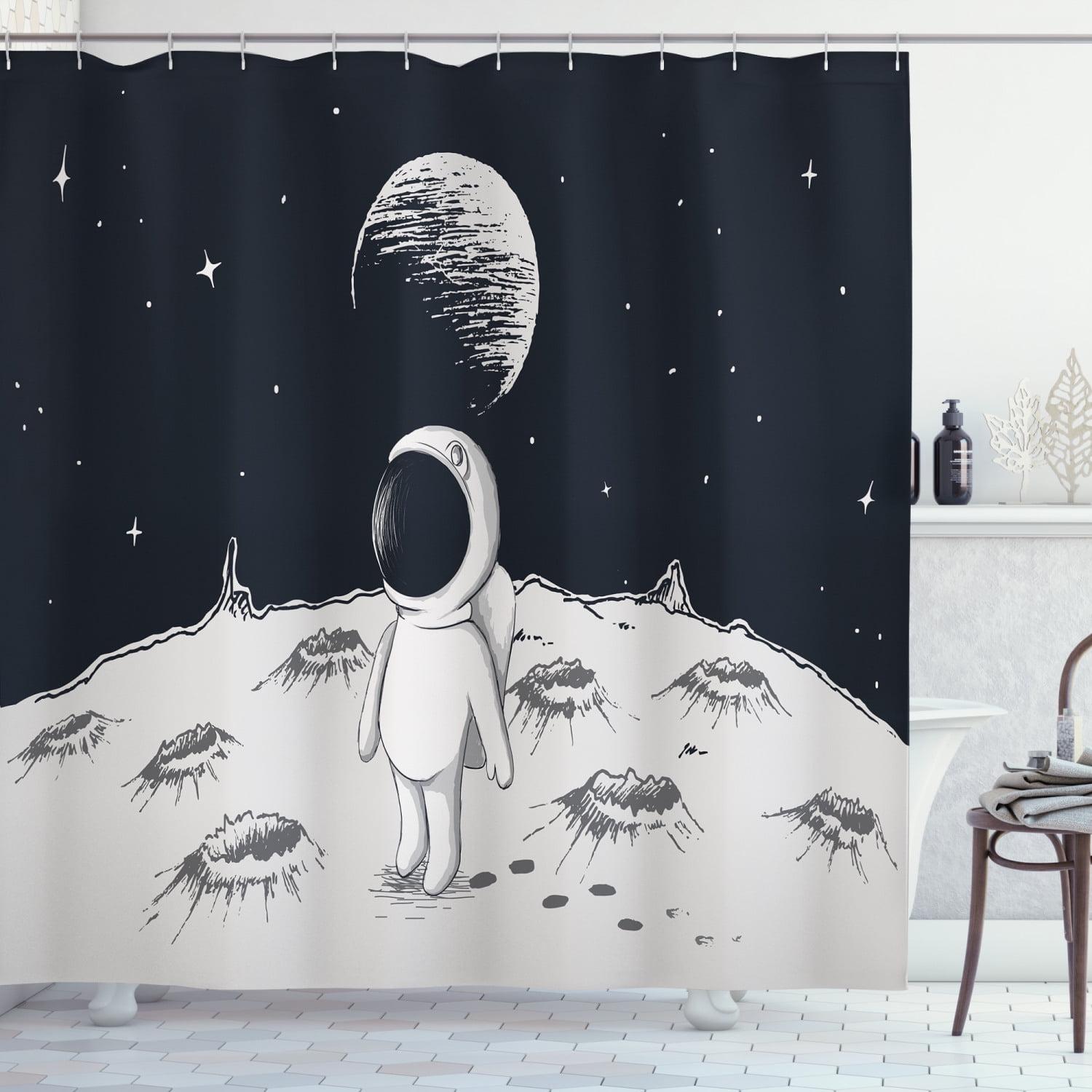 Space Astronaut Black and White Fabric Shower Curtain