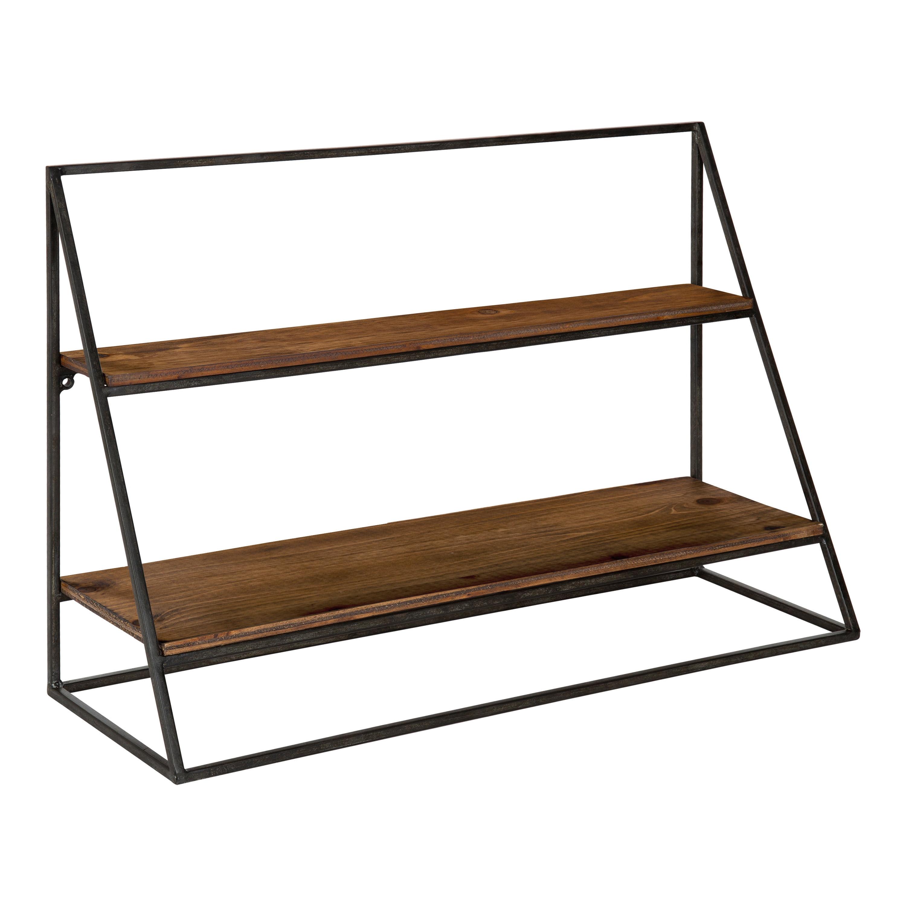 Rustic Black Metal and Wood Two-Tier Wall Shelf