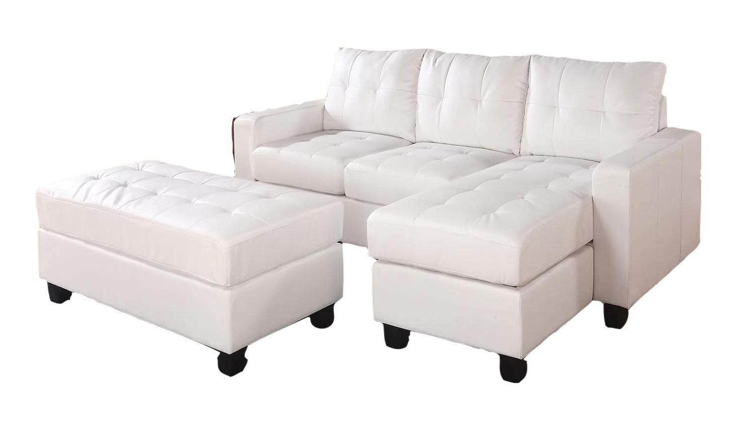 White Tufted Leather Three-Piece Sectional Sofa with Ottoman