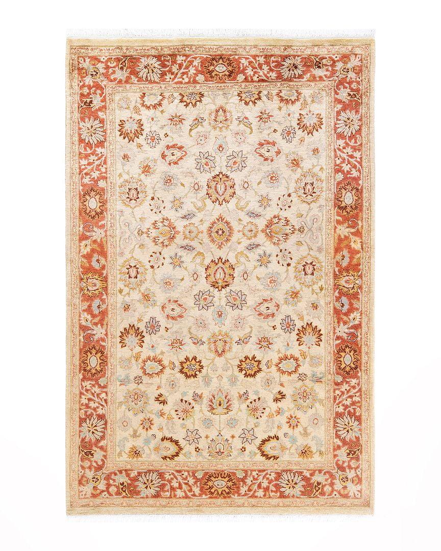 Ivory and Rust Hand-Knotted Wool Oriental 4' x 6' Rug