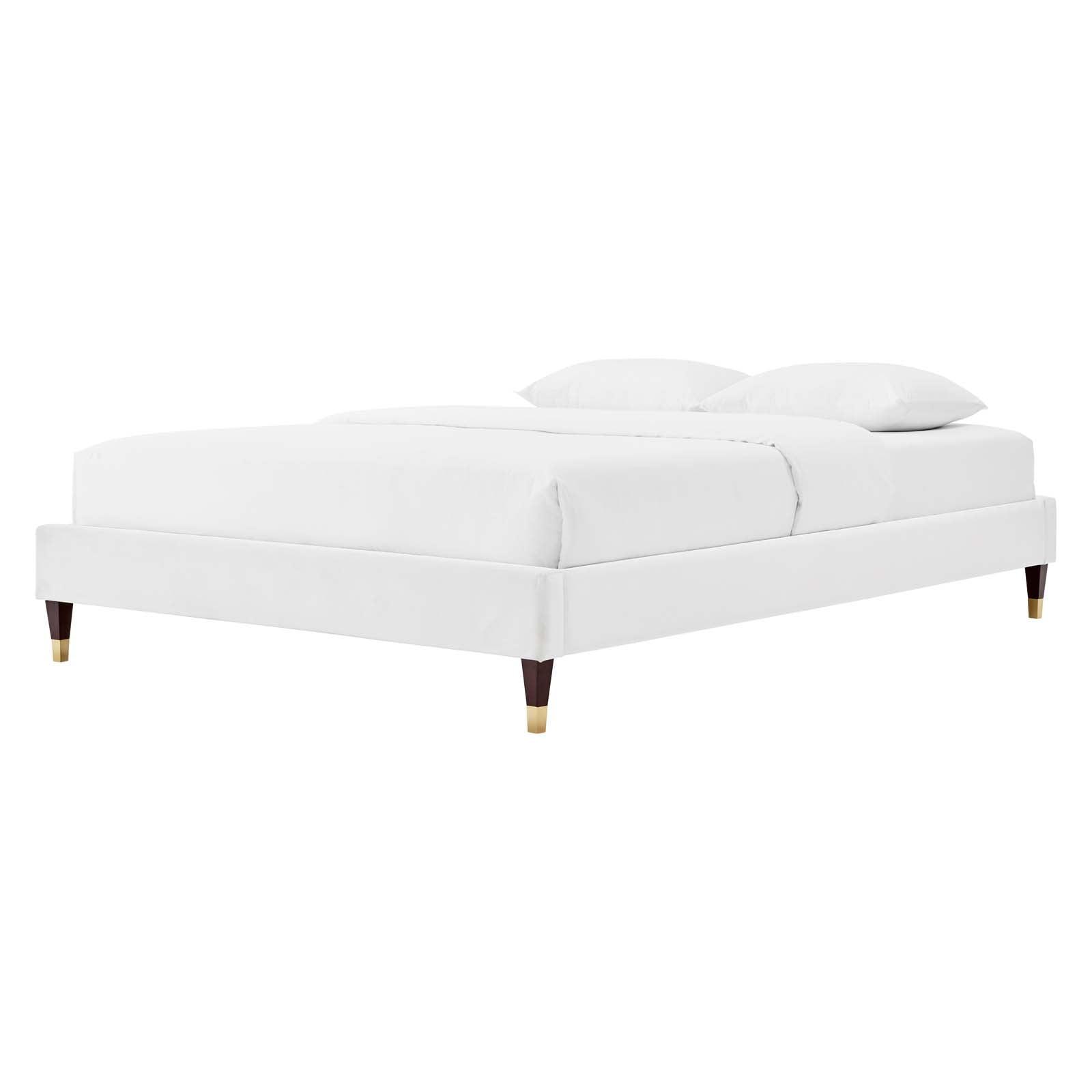 Deco Glam Queen Velvet Platform Bed with Wood Legs - White