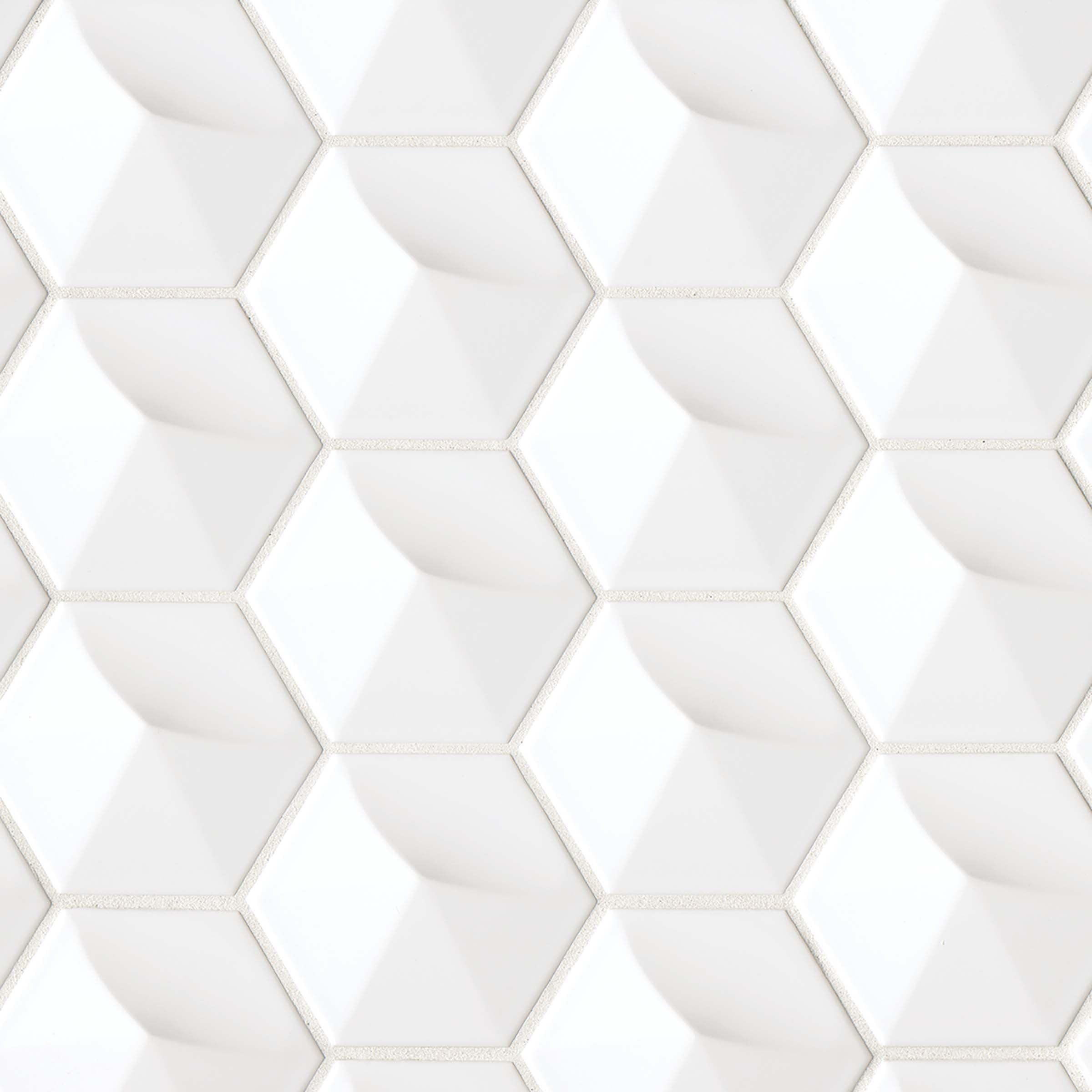 White Glossy Ceramic 3D Hexagon Wall Tile 4" x 5"