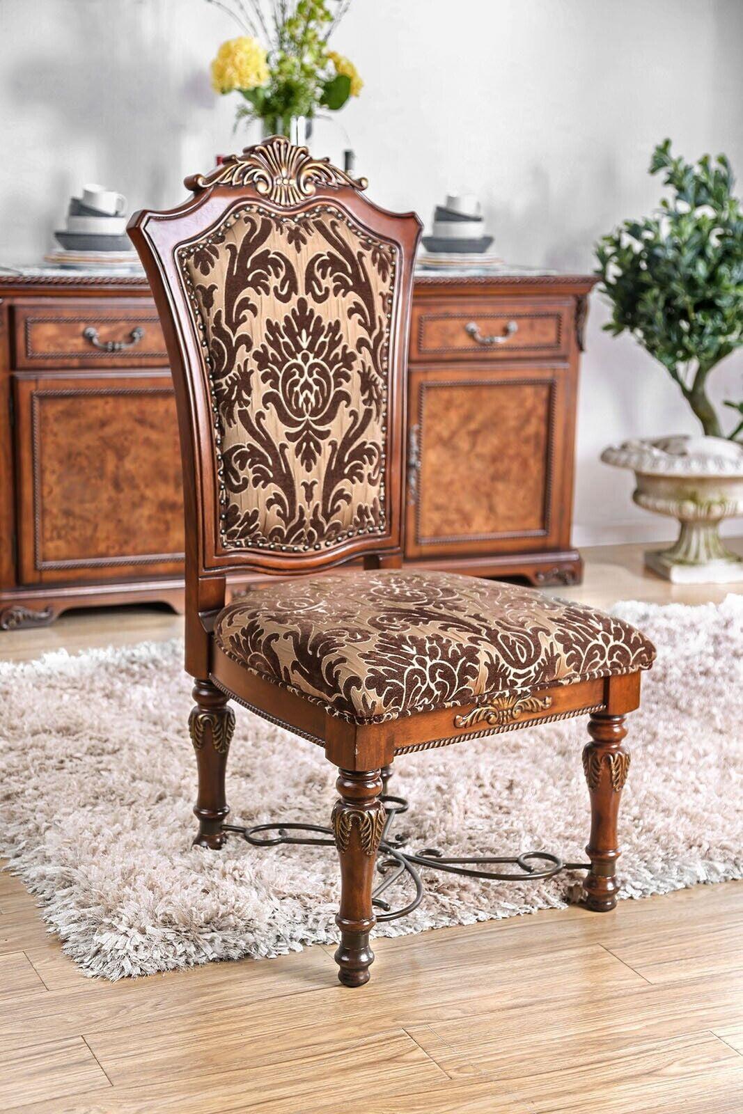 Cherry Brown Upholstered Side Chair with Floral Print Fabric, Set of 2