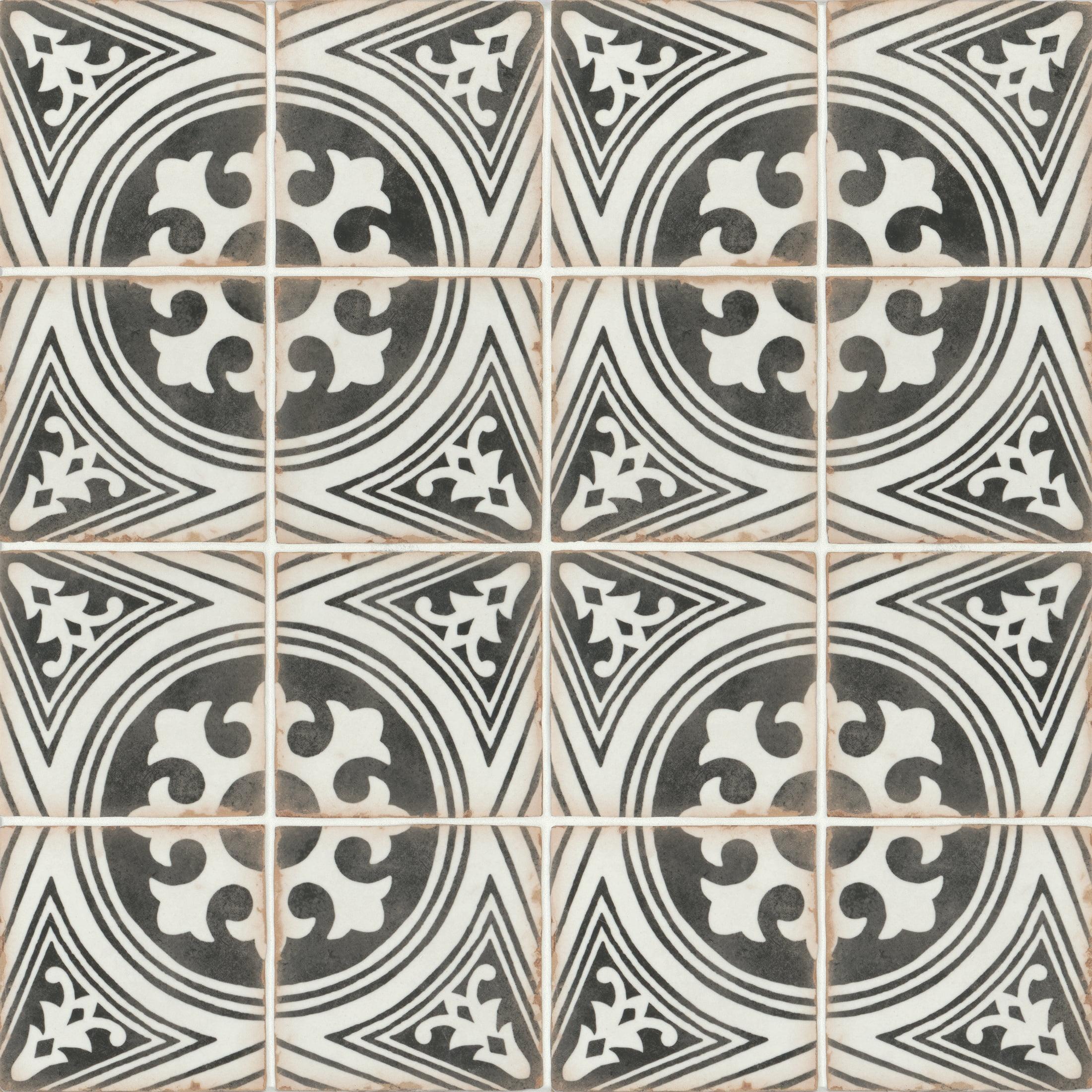 Casablanca 5" x 5" Black and White Ceramic Patterned Tile