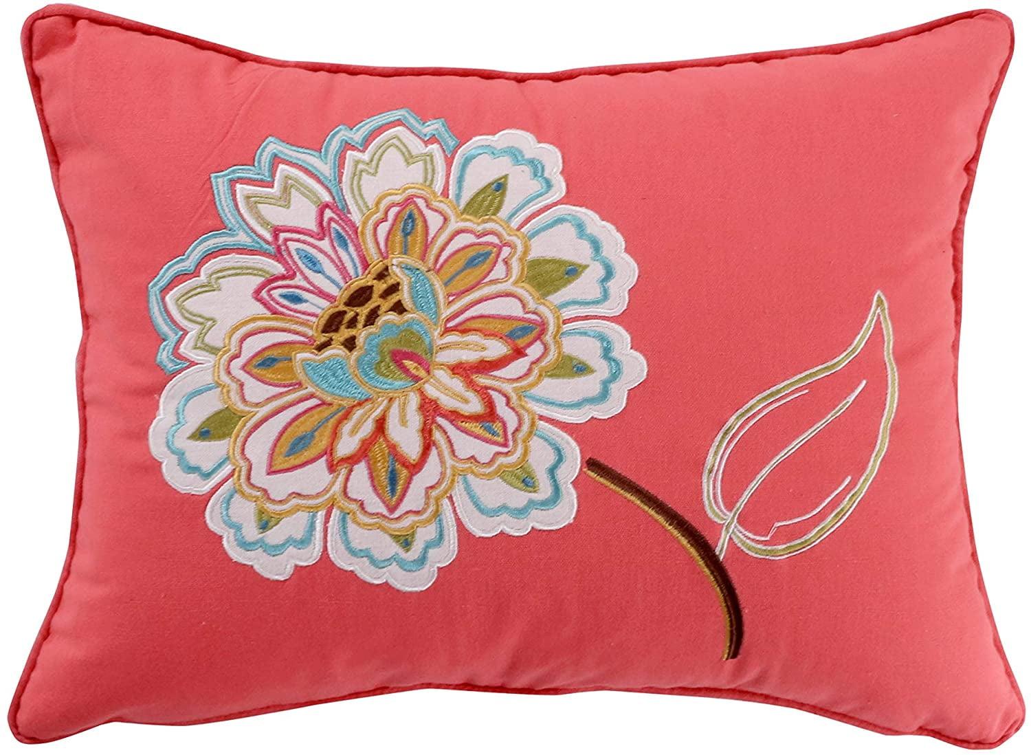 Coral Embroidered Floral Lumbar Pillow with Feather Fill