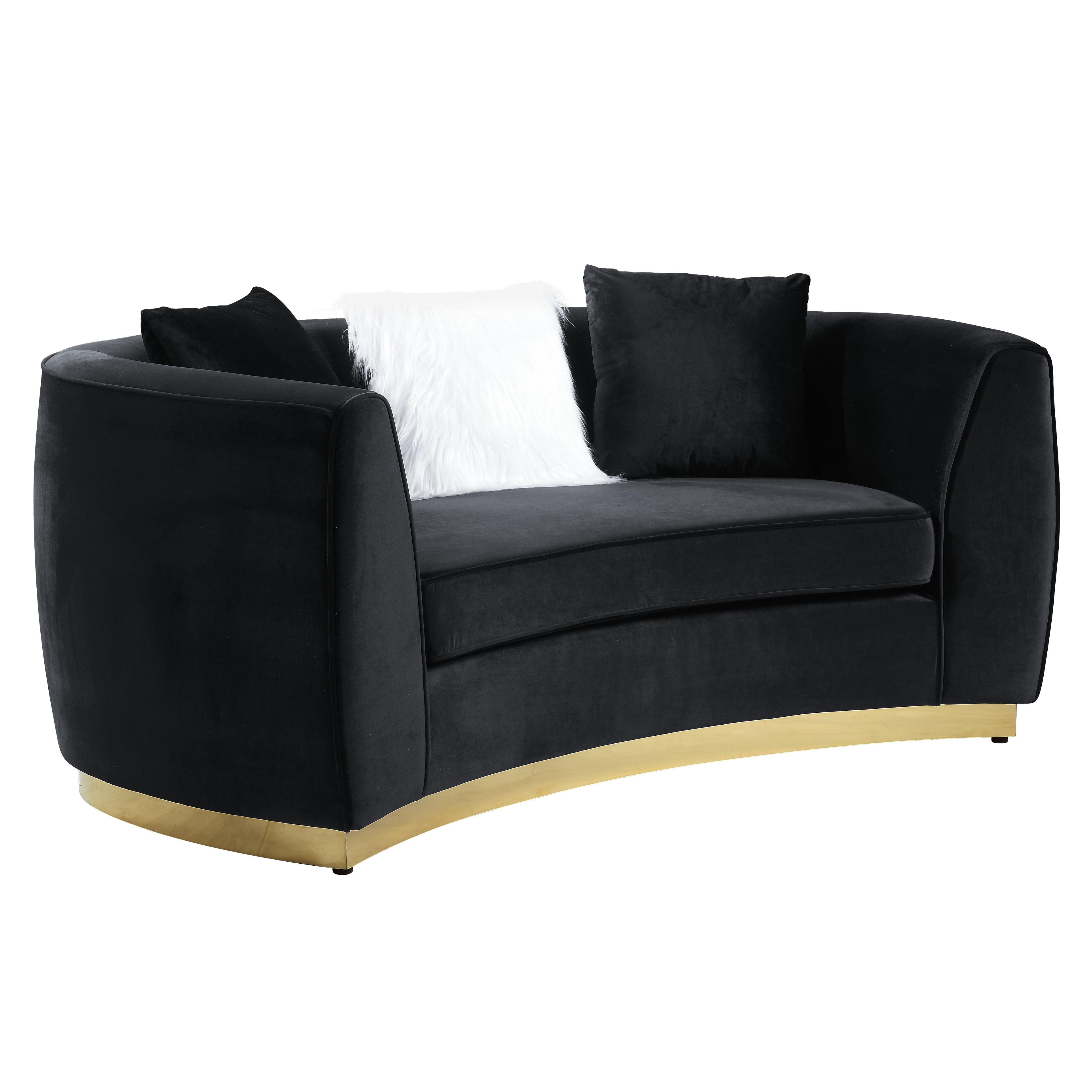 Black Velvet Curved Loveseat with Brass Base